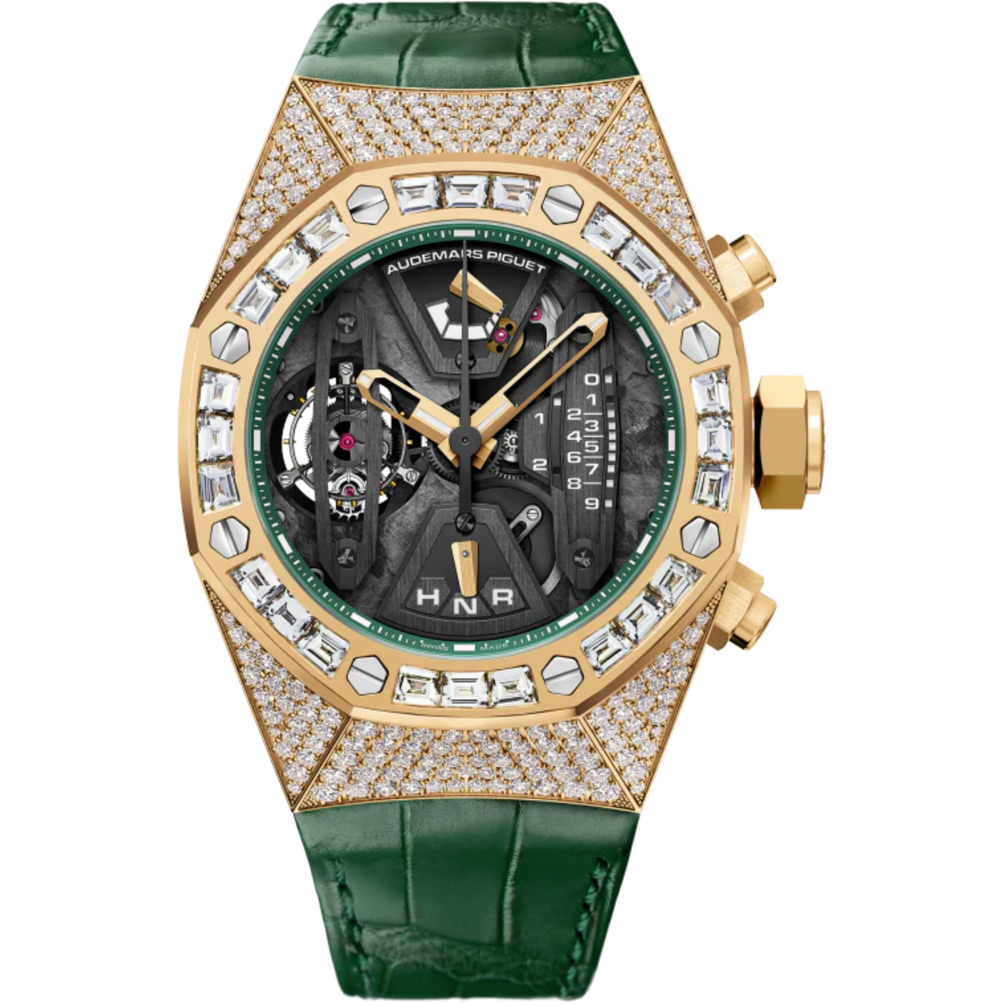 Royal Oak Concept 44MM Tourbillon Chronograph Green Alligator Strap 18-Carat Yellow Gold Case Entirely Set With Brilliant-Cut Diamonds Bezel Set With Baguette-Cut Diamonds - Audemars Piguet