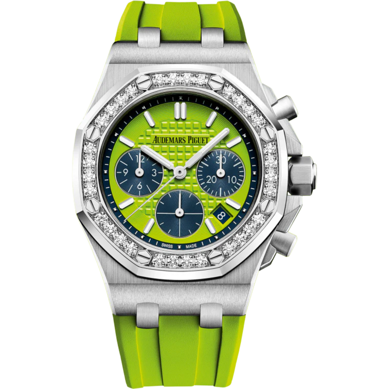 Royal Oak Offshore Selfwinding Chronograph 37MM Green Rubber Strap Green Dial With Lady Tapisserie Pattern Stainless Steel Case Diamond-Set Bezel - Audemars Piguet