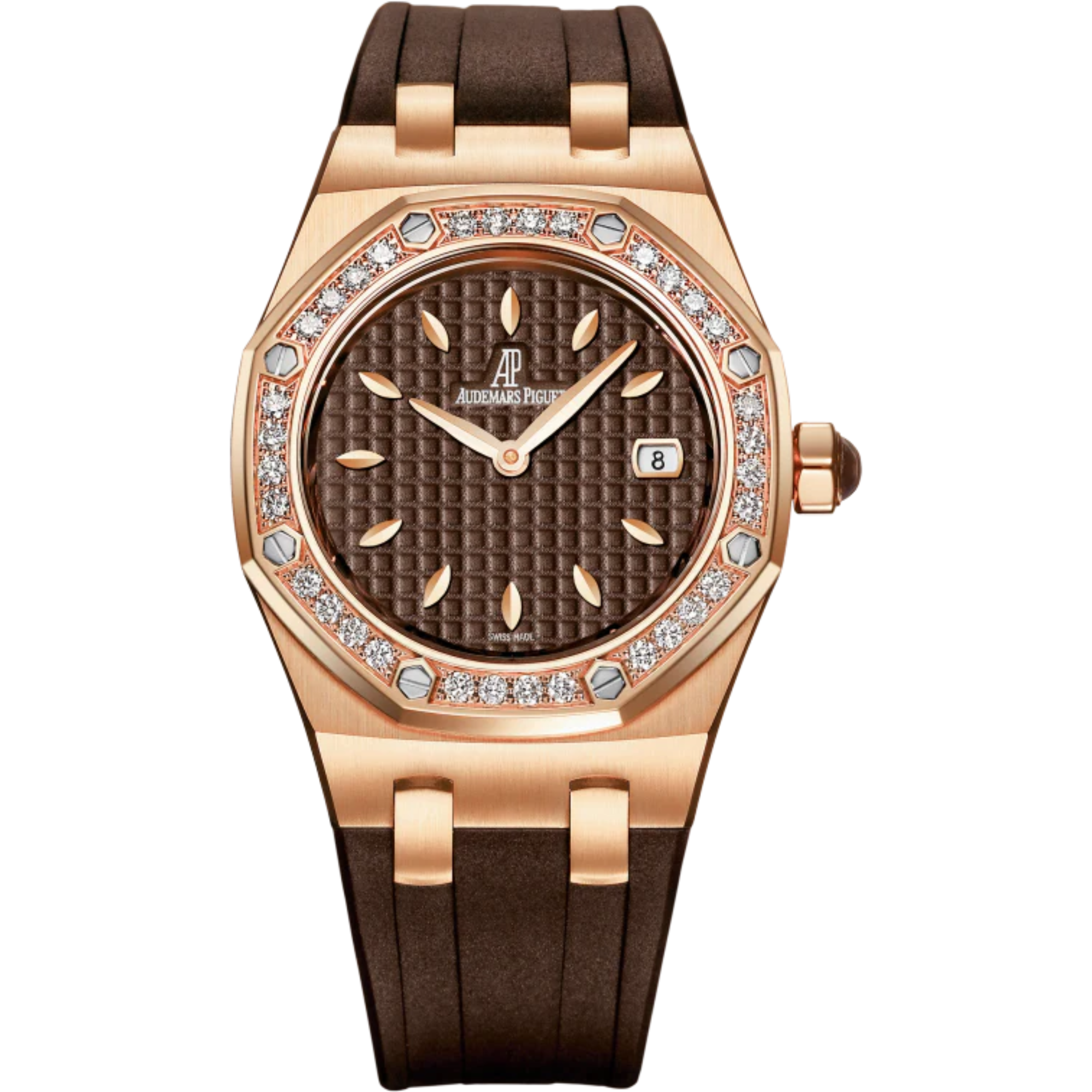 Royal Oak Quartz 33MM Brown Rubber Strap Brown Dial With Grande Tapisserie Pattern 18-Carat Pink Gold Case Bezel Set With Brilliant-Cut Diamonds - Audemars Piguet