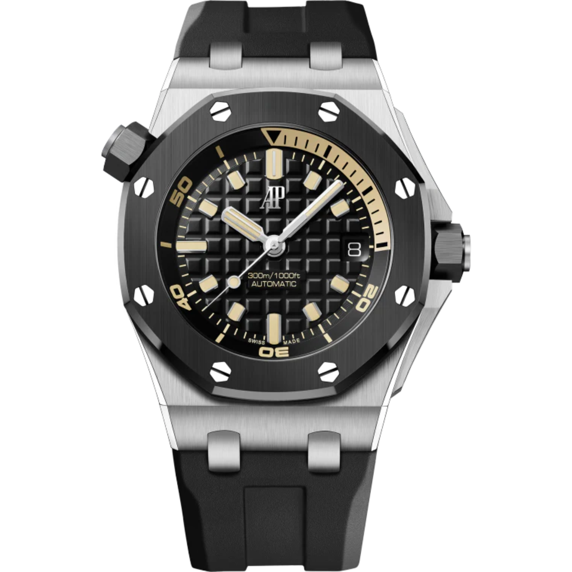Royal Oak Offshore Diver 42MM Black Rubber Strap Black Dial With Méga Tapisserie Pattern 18-Carat White Gold Case Black Ceramic Bezel - Audemars Piguet