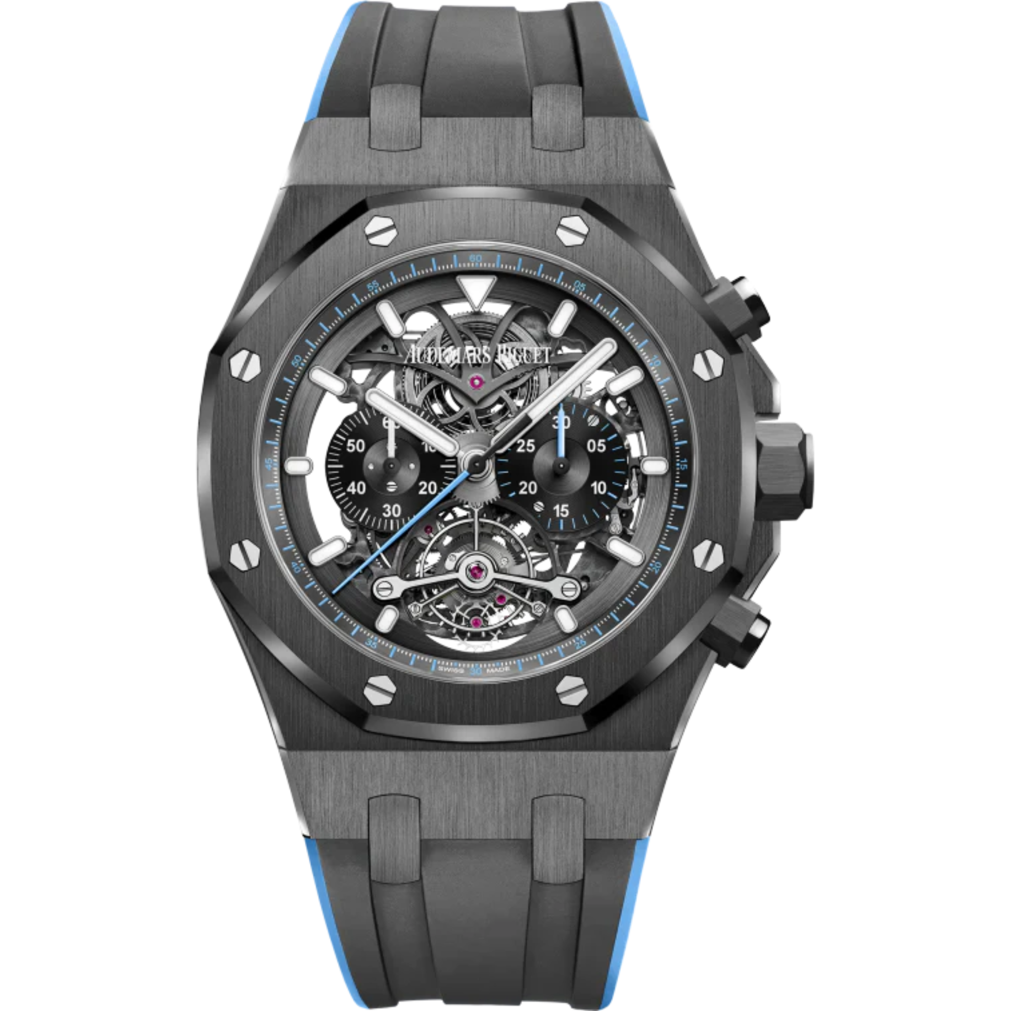 Royal Oak Tourbillon Chronograph Openworked 44MM Two-Tone Black and Blue Rubber Strap Openworked Satin-Brushed Black Dial Black Ceramic Case - Audemars Piguet