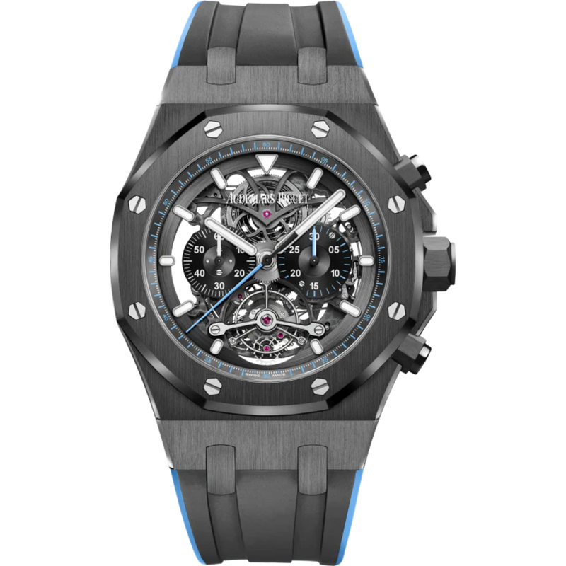 Royal Oak Tourbillon Chronograph Openworked 44MM Two-Tone Black and Blue Rubber Strap Openworked Satin-Brushed Black Dial Black Ceramic Case - Audemars Piguet