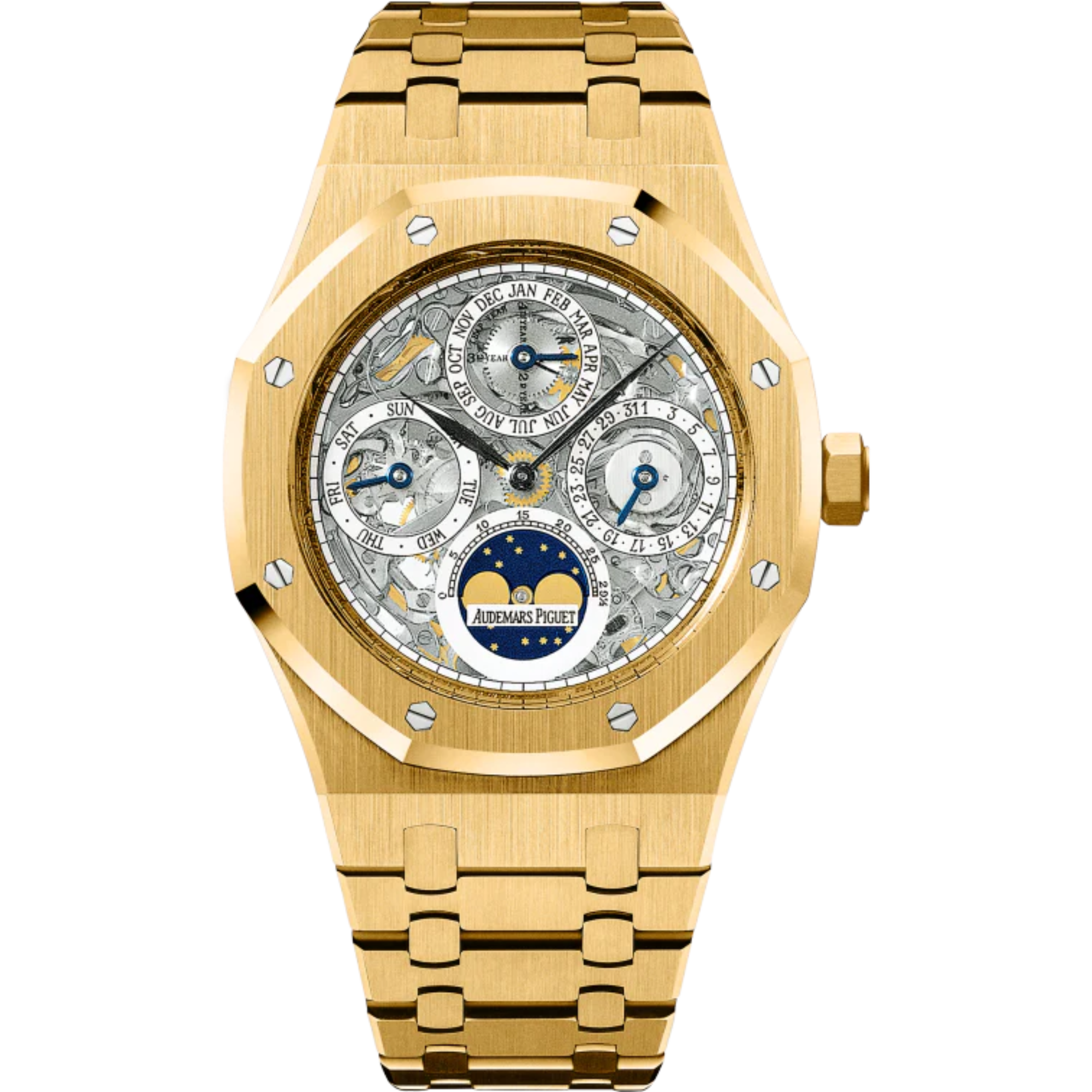 Royal Oak Openworked Perpetual Calendar 39MM 18-Carat Yellow Gold Bracelet Sapphire Dial With White Indicators 18-Carat Yellow Gold Case - Audemars Piguet