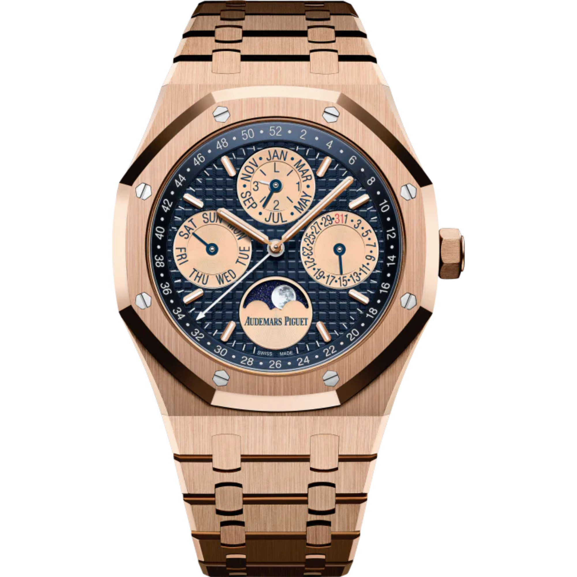 Royal Oak Perpetual Calendar 41MM 18-Carat Pink Gold Bracelet Blue Dial With Grande Tapisserie Pattern 18-Carat Pink Gold Case - Audemars Piguet