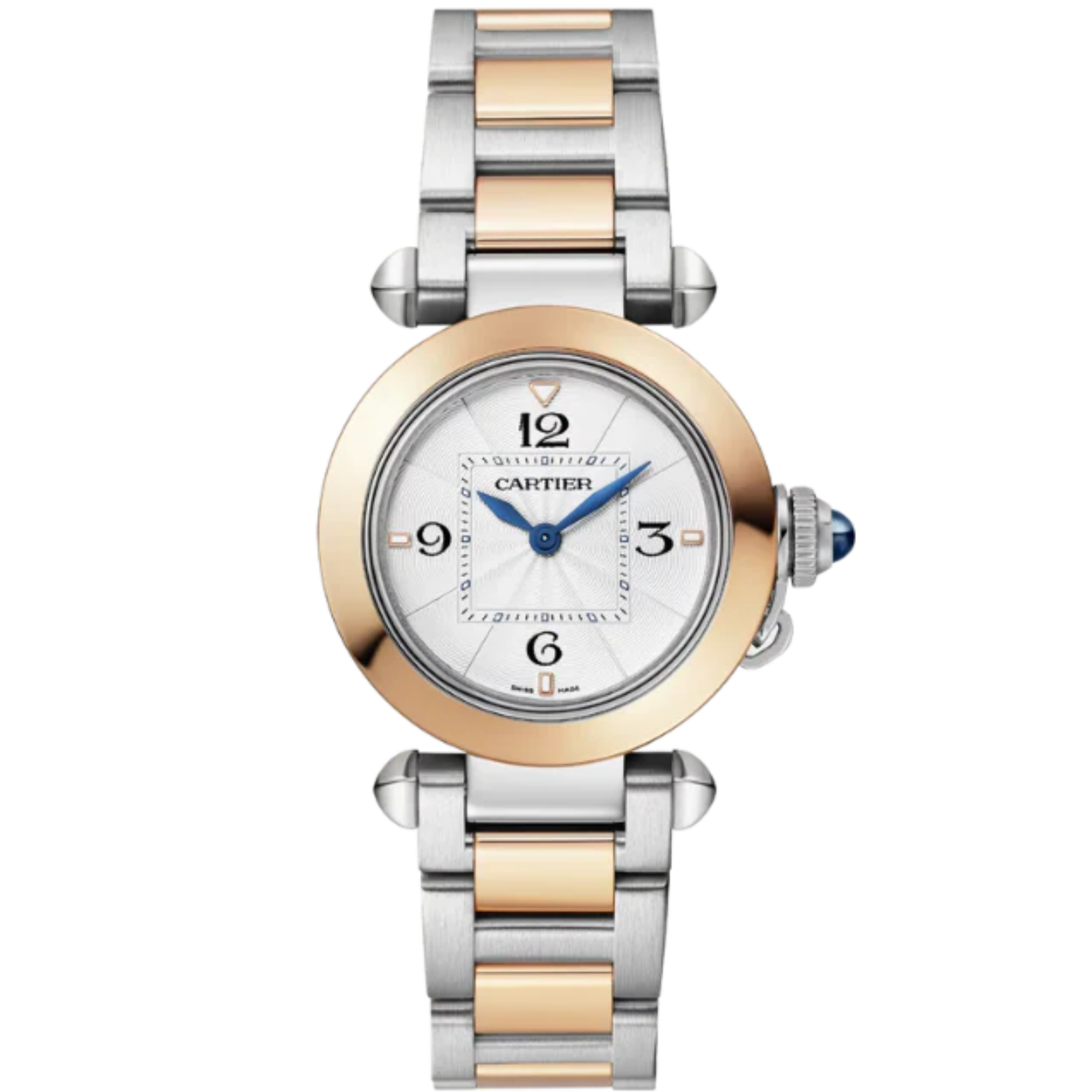 PASHA DE CARTIER 30 MM STAINLESS STEEL WITH 18K ROSE GOLD BEZEL AND OPALINE FLINQUE DIAL - Cartier