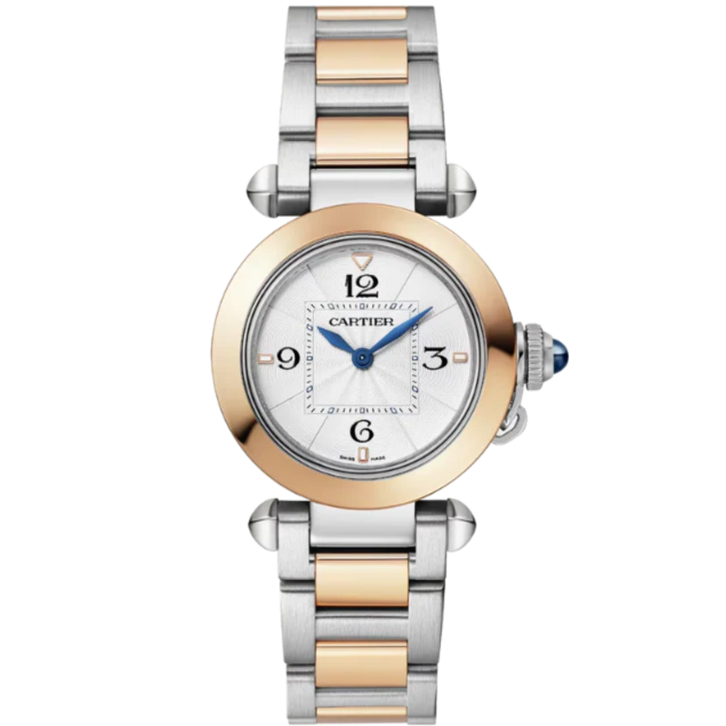 PASHA DE CARTIER 30 MM STAINLESS STEEL WITH 18K ROSE GOLD BEZEL AND OPALINE FLINQUE DIAL - Cartier