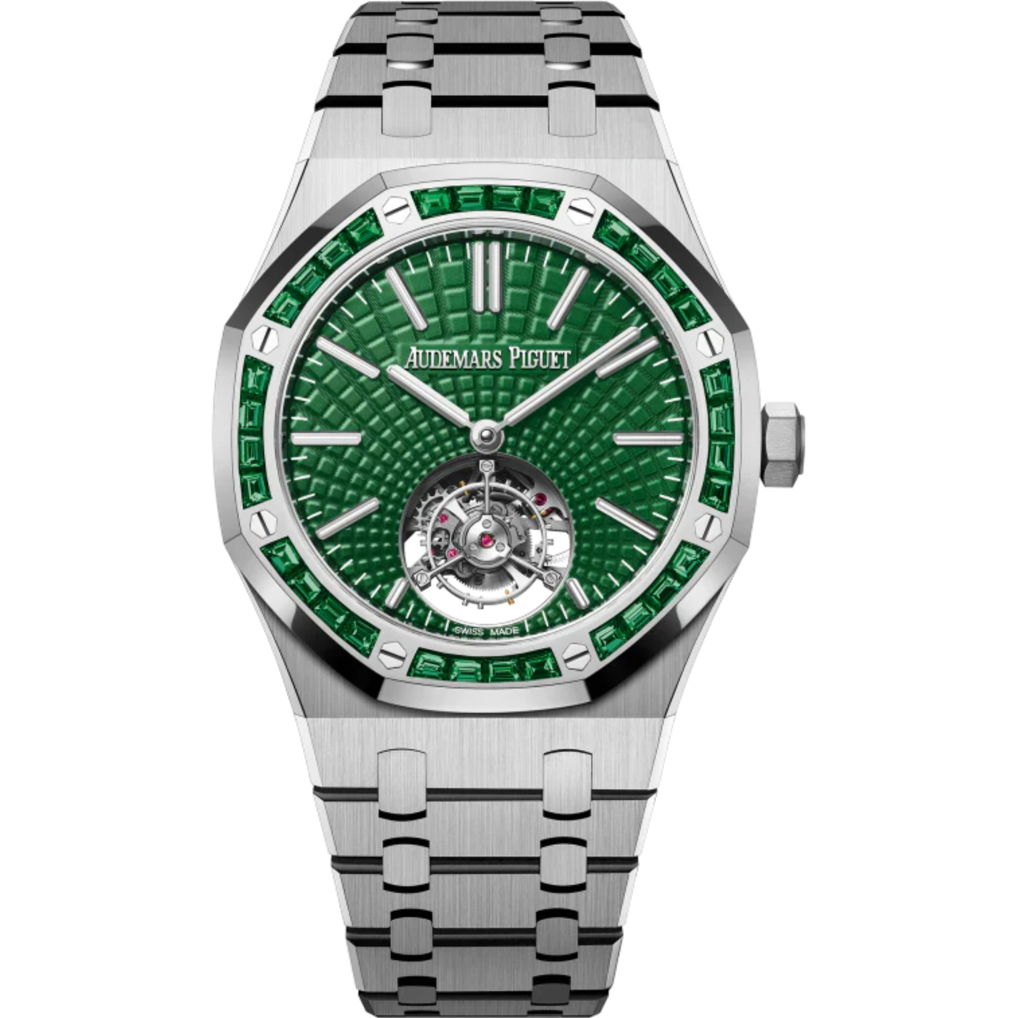 Royal Oak Selfwinding Flying Tourbillon 41MM Titanium Bracelet Green Dial With Evolutive Tapisserie Pattern Titanium Case 18-Carat White Gold Bezel Set With Baguette-Cut Emeralds - Audemars Piguet