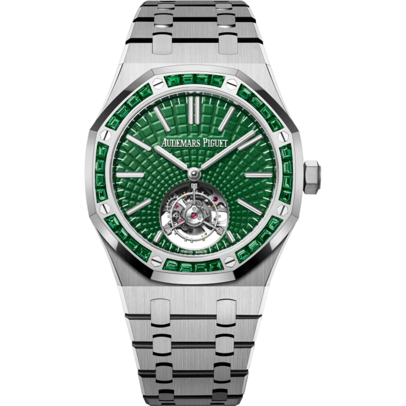 Royal Oak Selfwinding Flying Tourbillon 41MM Titanium Bracelet Green Dial With Evolutive Tapisserie Pattern Titanium Case 18-Carat White Gold Bezel Set With Baguette-Cut Emeralds - Audemars Piguet