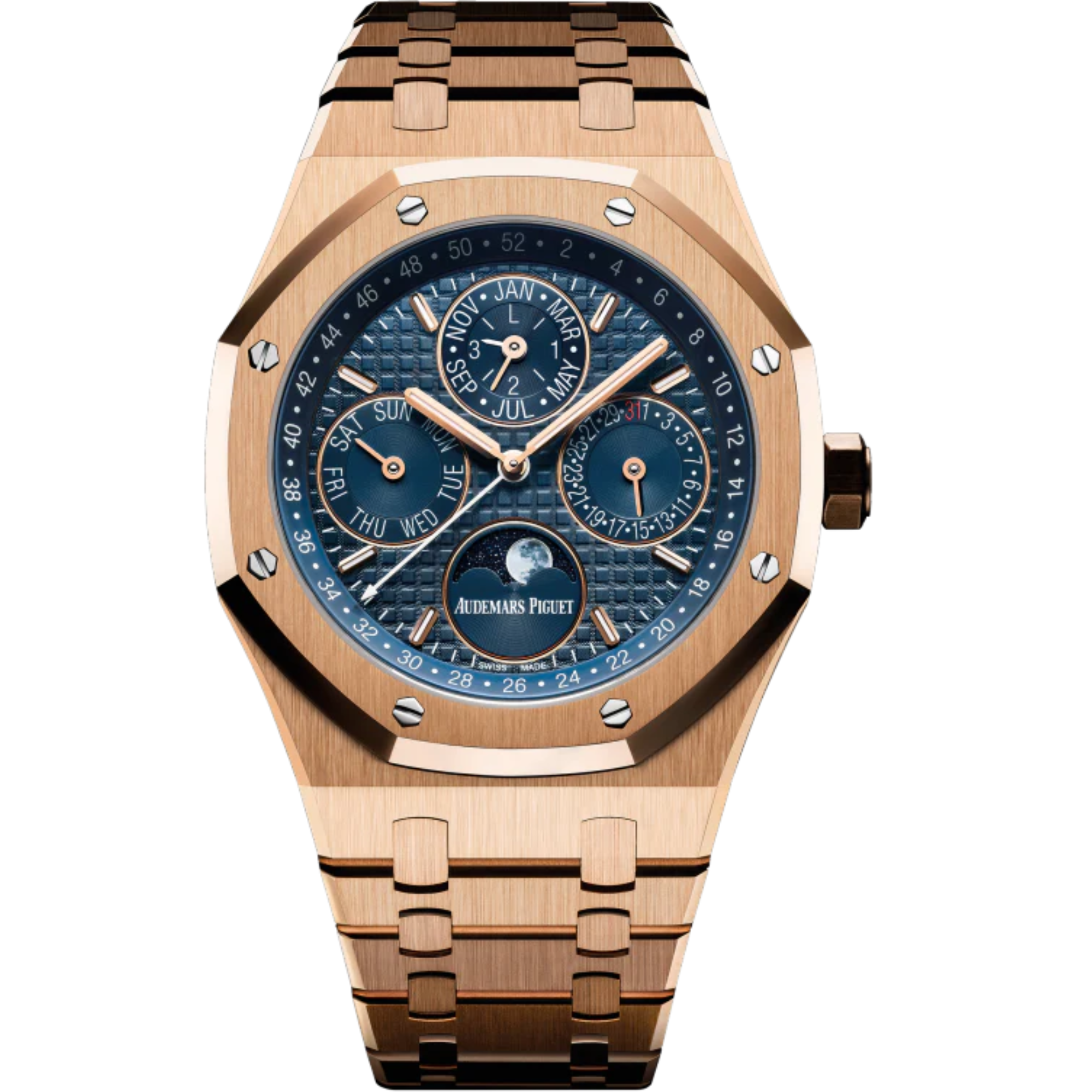 Royal Oak Perpetual Calendar 41MM 18-Carat Pink Gold Bracelet Blue Dial With Grande Tapisserie Pattern 18-Carat Pink Gold Case - Audemars Piguet