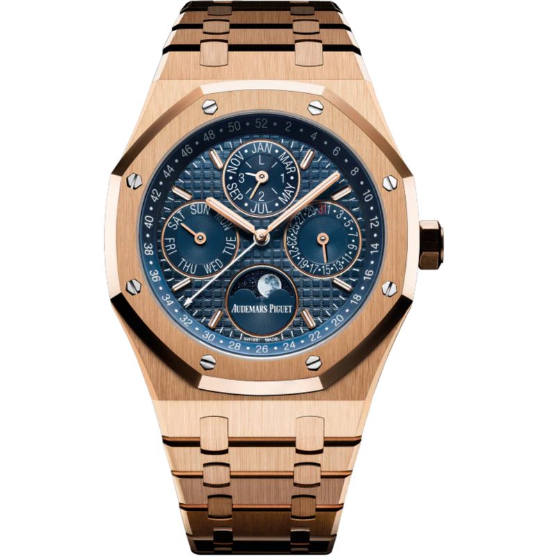 Royal Oak Perpetual Calendar 41MM 18-Carat Pink Gold Bracelet Blue Dial With Grande Tapisserie Pattern 18-Carat Pink Gold Case - Audemars Piguet