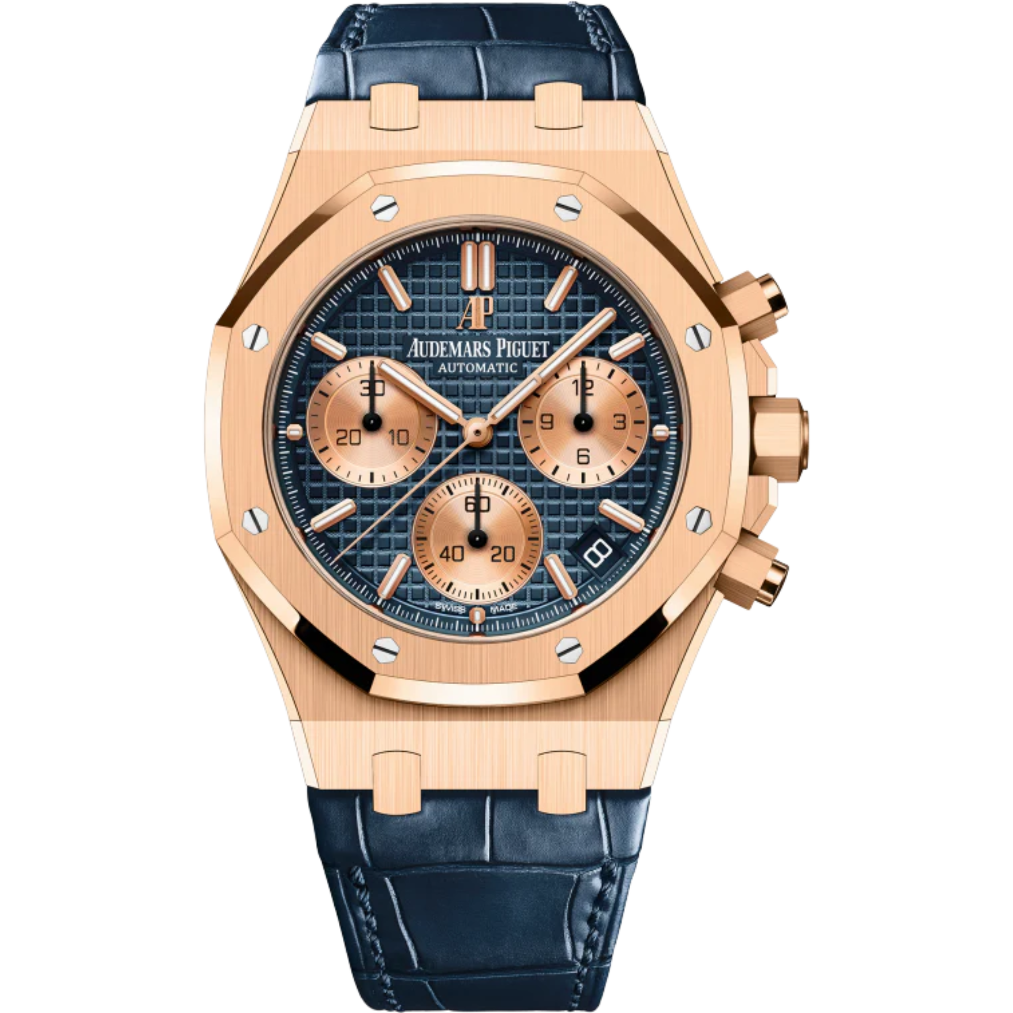 Royal Oak Selfwinding Chronograph 41MM Blue Alligator Strap Blue Dial With Grande Tapisserie Pattern 18-Carat Pink Gold Case - Audemars Piguet