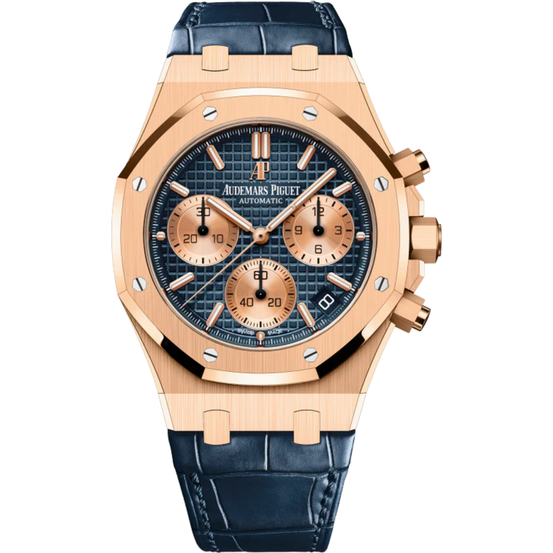 Royal Oak Selfwinding Chronograph 41MM Blue Alligator Strap Blue Dial With Grande Tapisserie Pattern 18-Carat Pink Gold Case - Audemars Piguet