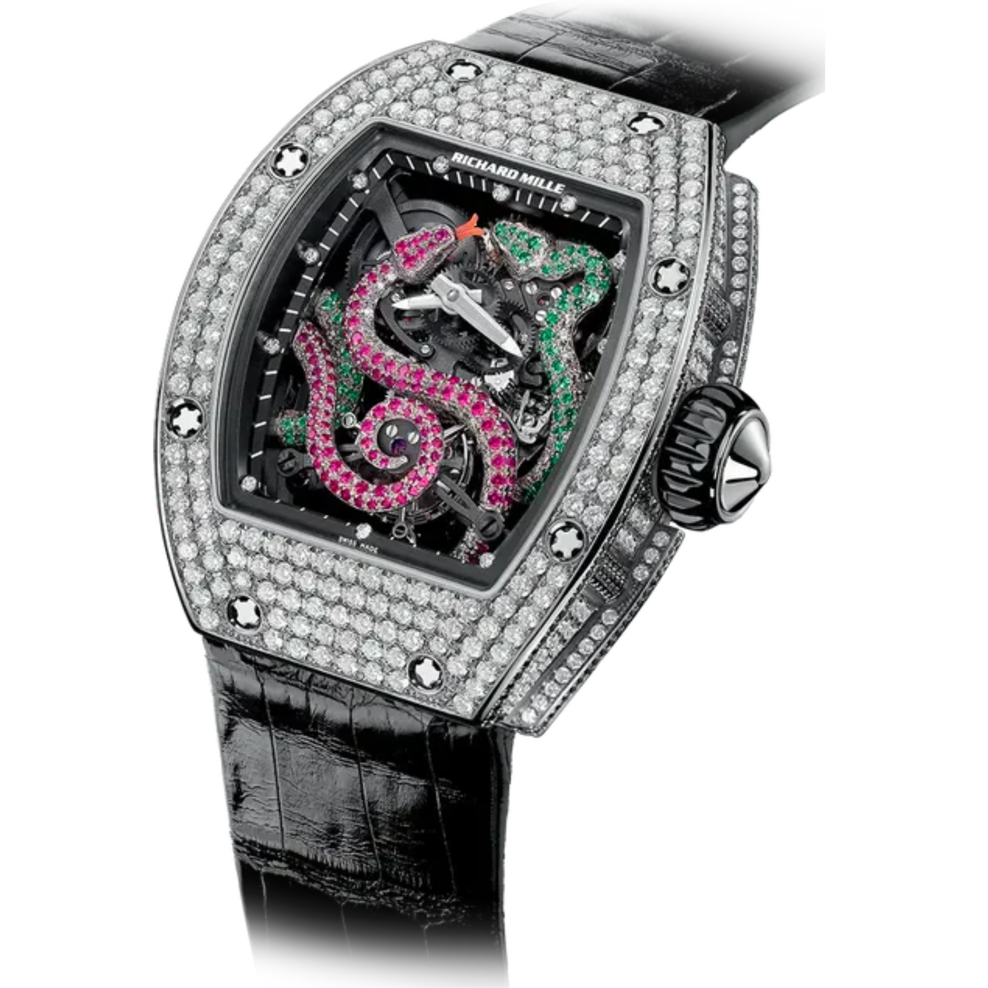 RM 026 Tourbillon Serpent Leather Strap 18K White Gold Snake and an Emerald & Diamond Encrusted With Red Coral Tongue On The Dial - Richard Mille