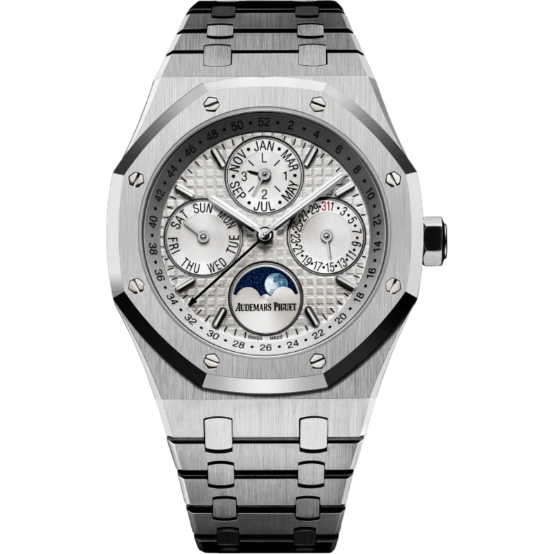 Royal Oak Perpetual Calendar 41MM Stainless Steel Bracelet Silver-Toned Dial With Grande Tapisserie Pattern Stainless Steel Case - Audemars Piguet