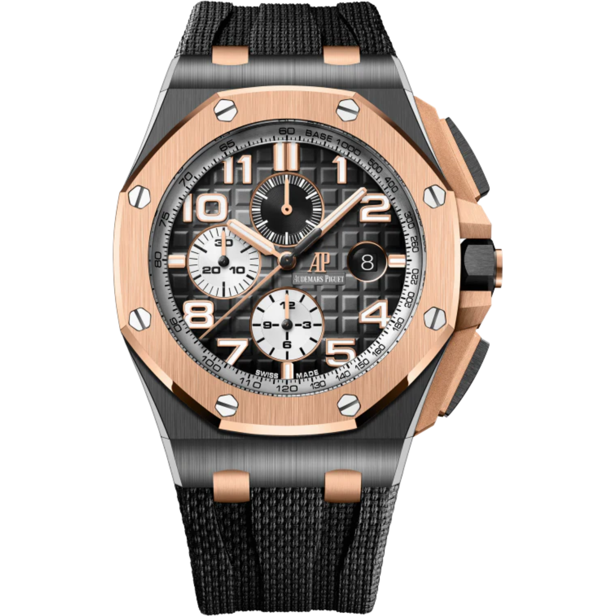 Royal Oak Offshore Selfwinding Chronograph 44MM Grey Rubber Strap With Textile Decoration Smoked Grey Dial With Mega Tapisserie Pattern Black Ceramic Case 18-Carat Pink Gold Bezel - Audemars Piguet