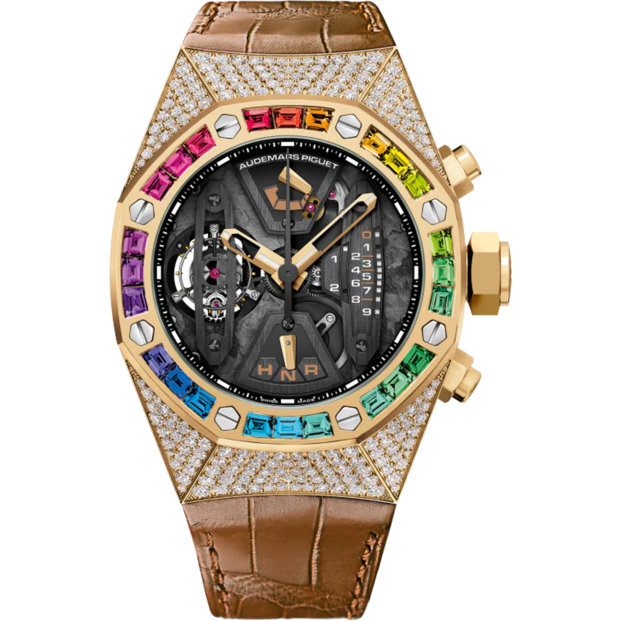 Royal Oak Concept 44MM Tourbillon Chronograph Brassy Yellow Gold-Toned Alligator Strap 18-Carat Yellow Gold Case Bezel Set With Rainbow Coloured Baguette-Cut Sapphires - Audemars Piguet