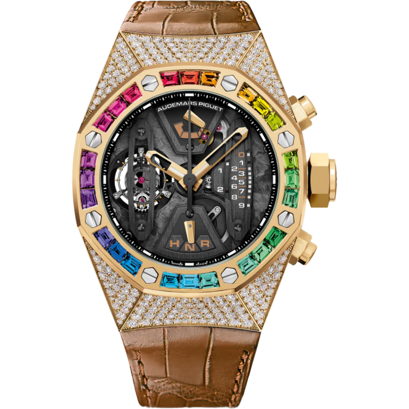 Royal Oak Concept 44MM Tourbillon Chronograph Brassy Yellow Gold-Toned Alligator Strap 18-Carat Yellow Gold Case Bezel Set With Rainbow Coloured Baguette-Cut Sapphires - Audemars Piguet