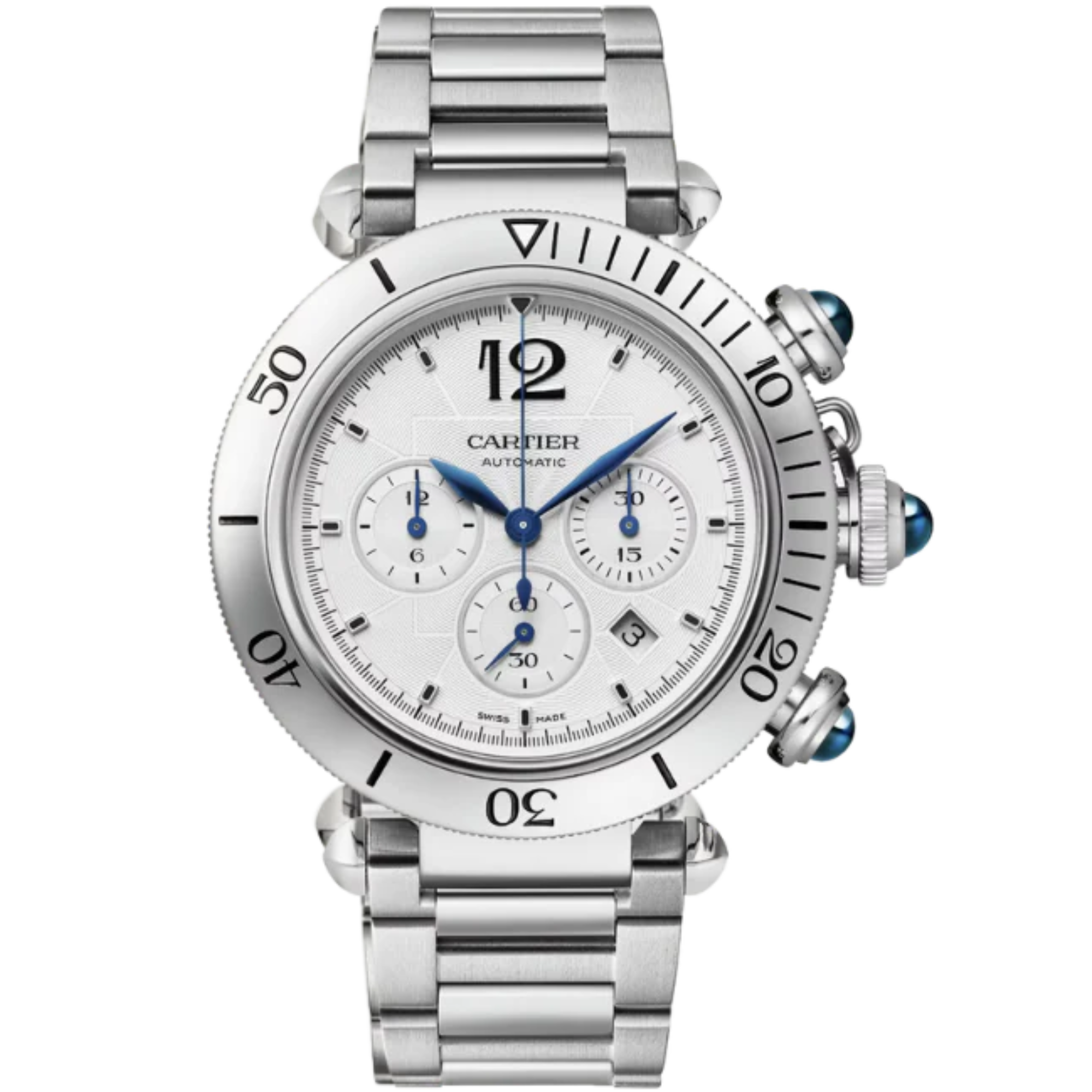 PASHA DE CARTIER 41 MM CHRONOGRAPH STAINLESS STEEL WITH SILVER FLINQUE DIAL - Cartier