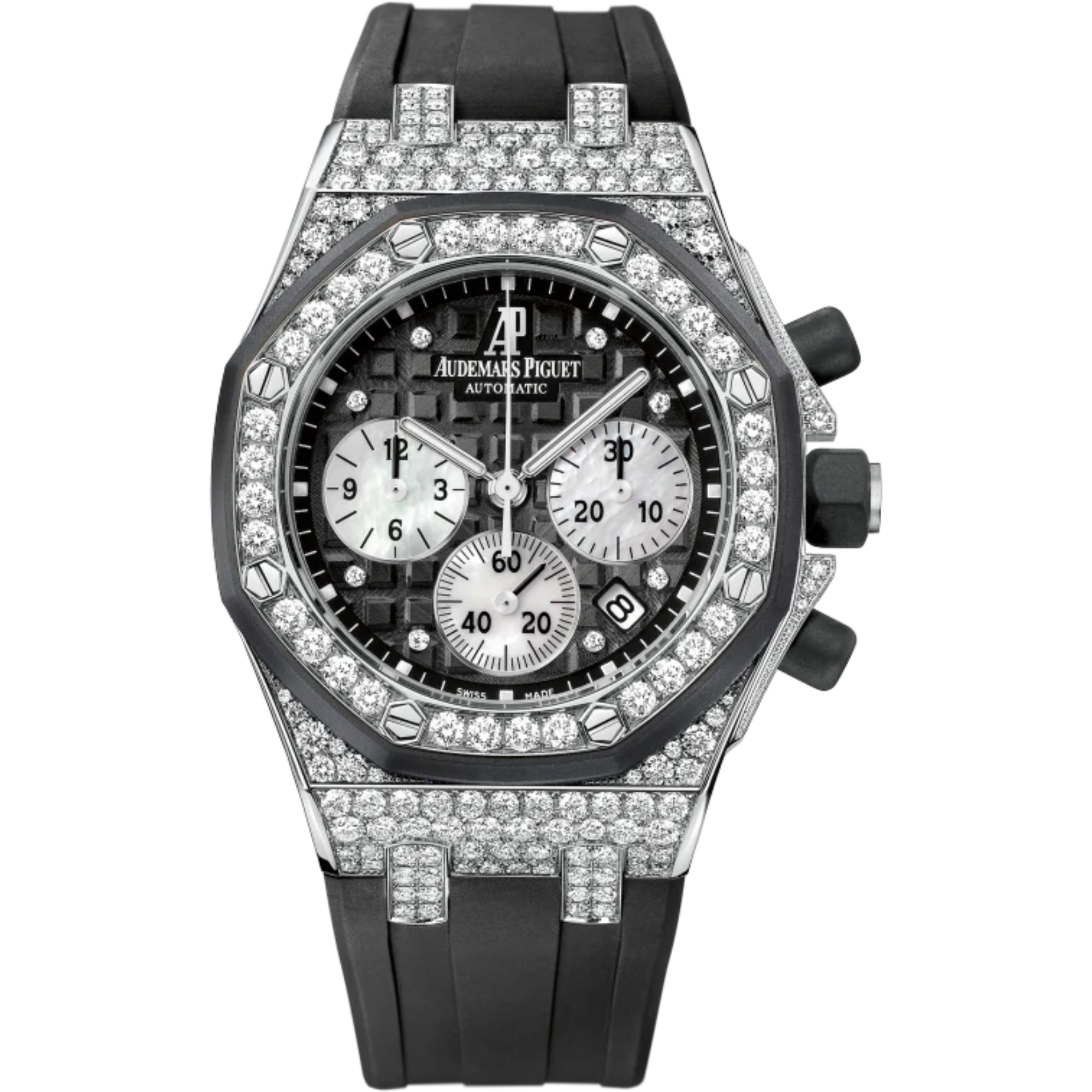 Royal Oak Offshore Chronograph 37MM Black Rubber Strap Black Dial With Méga Tapisserie Pattern 18-Carat White Gold Case Entirely Set With Diamonds Black Rubber-Clad Bezel - Audemars Piguet