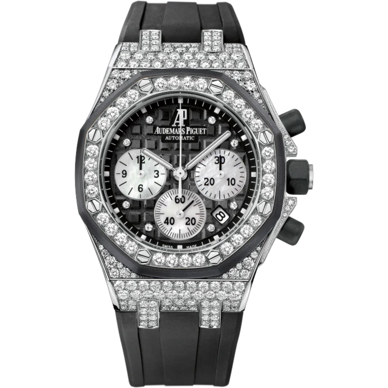 Royal Oak Offshore Chronograph 37MM Black Rubber Strap Black Dial With Méga Tapisserie Pattern 18-Carat White Gold Case Entirely Set With Diamonds Black Rubber-Clad Bezel - Audemars Piguet