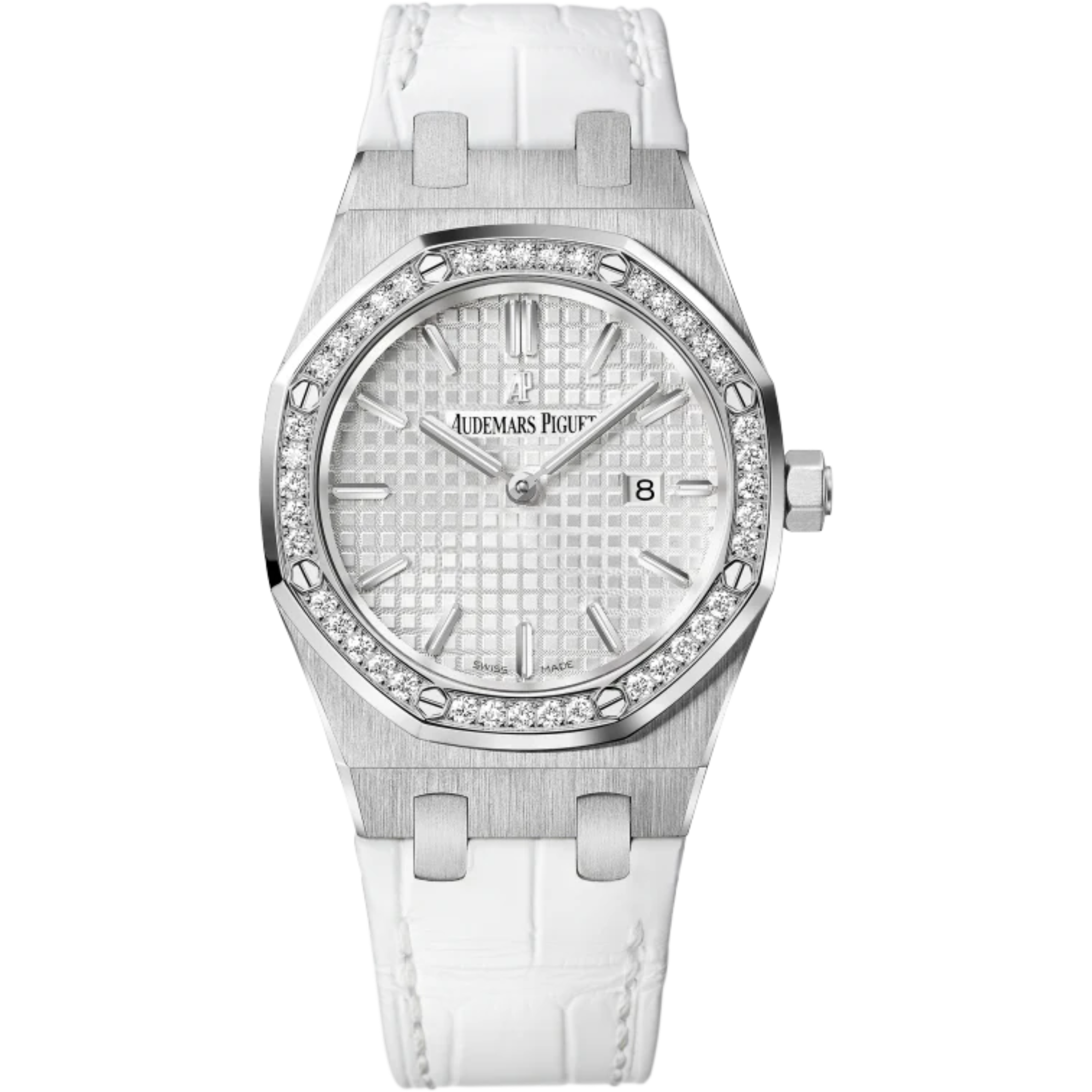 Royal Oak Quartz 33MM White Alligator Strap Silvered Dial With Grande Tapisserie Pattern Stainless Steel Case Diamond-Set Bezel - Audemars Piguet