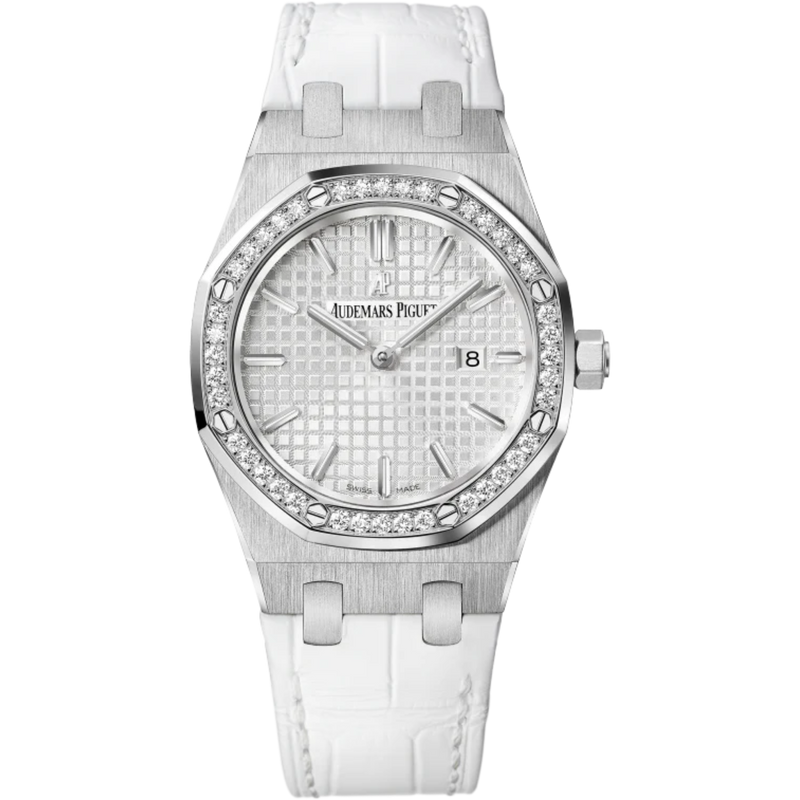 Royal Oak Quartz 33MM White Alligator Strap Silvered Dial With Grande Tapisserie Pattern Stainless Steel Case Diamond-Set Bezel - Audemars Piguet