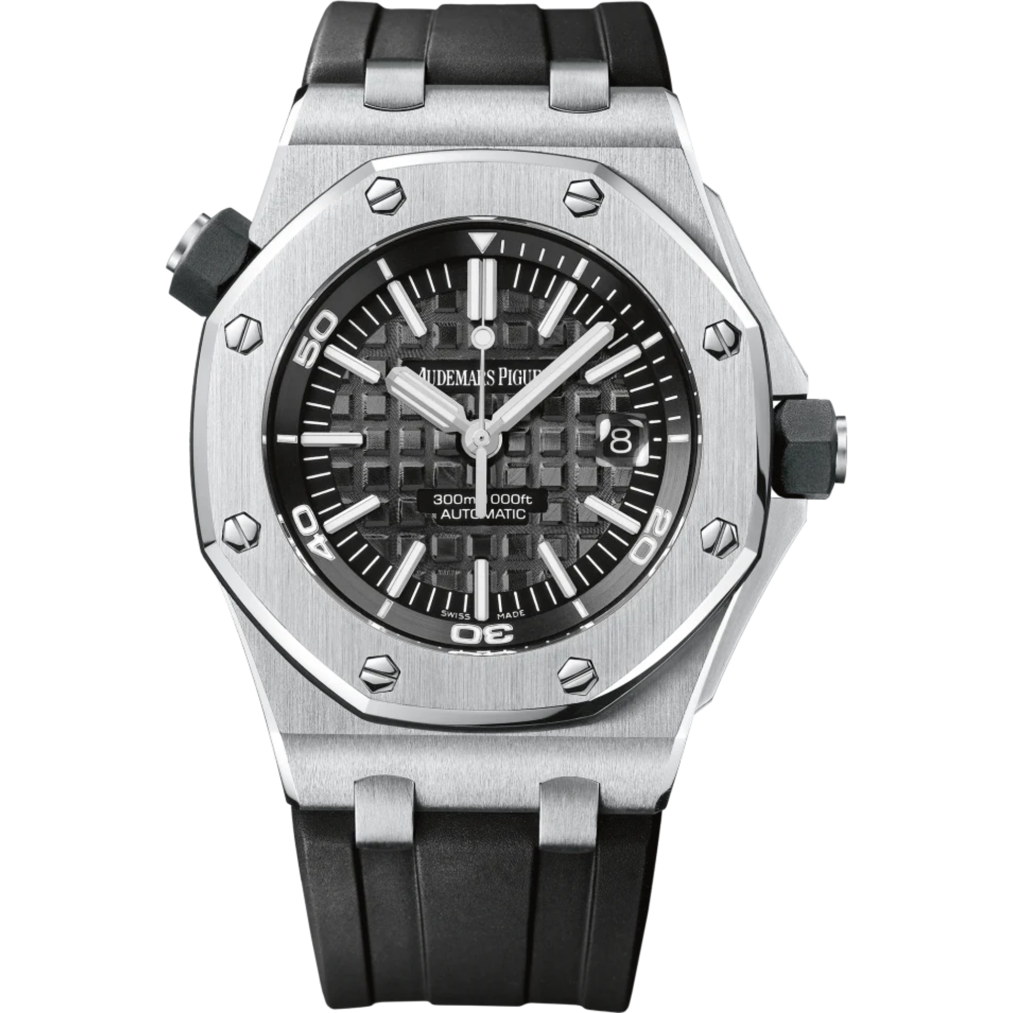 Royal Oak Offshore Diver 42MM Black Rubber Bracelet Black Baton Dial With Méga Tapisserie Pattern Stainless Steel Case - Audemars Piguet