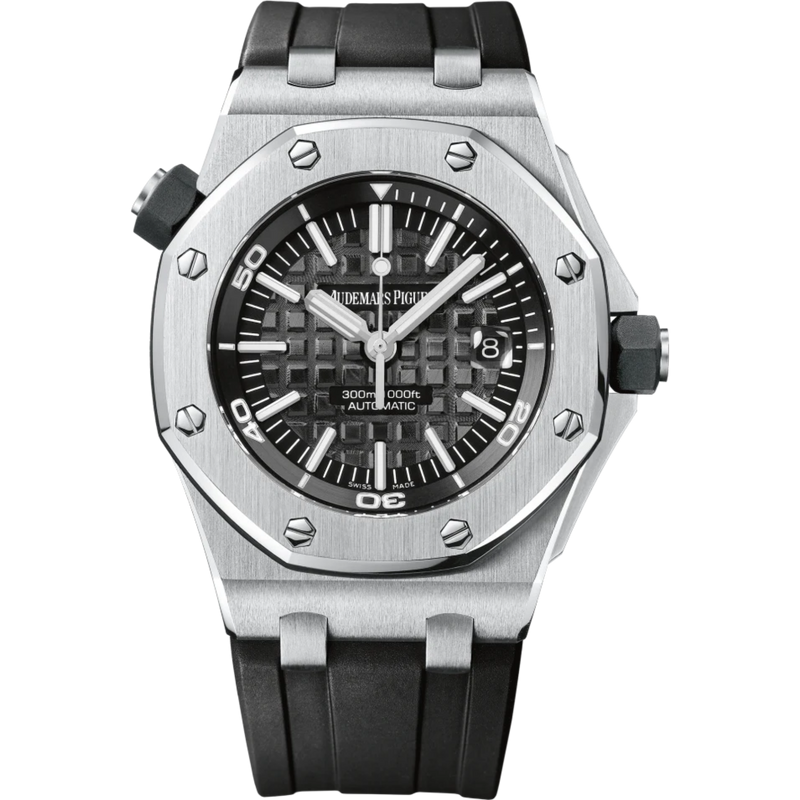Royal Oak Offshore Diver 42MM Black Rubber Bracelet Black Baton Dial With Méga Tapisserie Pattern Stainless Steel Case - Audemars Piguet