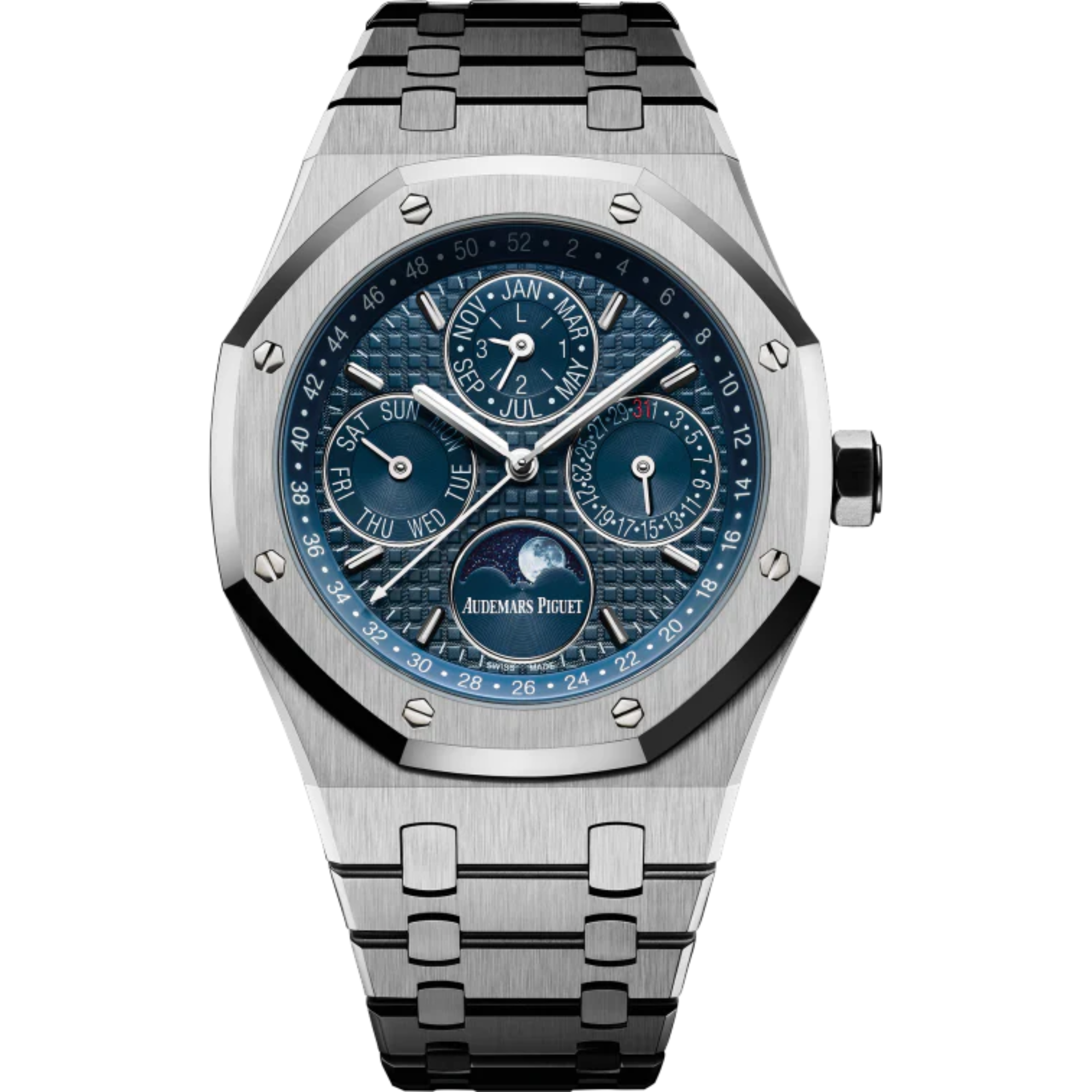 Royal Oak Perpetual Calendar 41MM Stainless Steel Bracelet Blue Dial With Grande Tapisserie Pattern Stainless Steel Case - Audemars Piguet