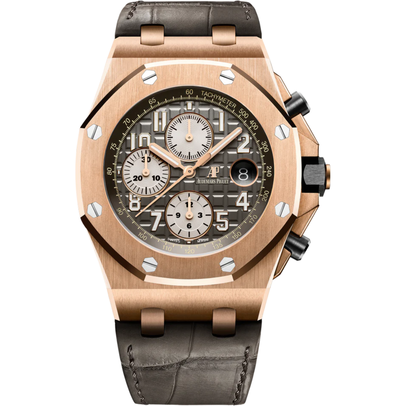 Royal Oak Offshore Selfwinding Chronograph 42MM Grey Alligator Strap Grey Ruthenium-Toned Dial With Méga Tapisserie Pattern 18-Carat Pink Gold Case - Audemars Piguet