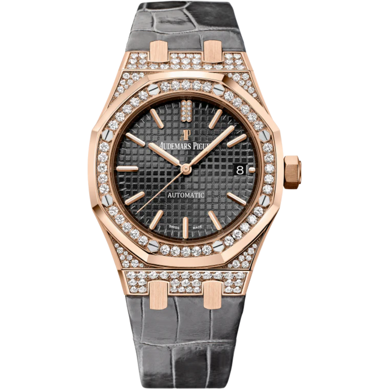 Royal Oak Selfwinding 37MM Gray Alligator Strap Slate Gray Dial With Grande Tapisserie Pattern 18-Carat Pink Gold Case Diamond-Set Bezel - Audemars Piguet