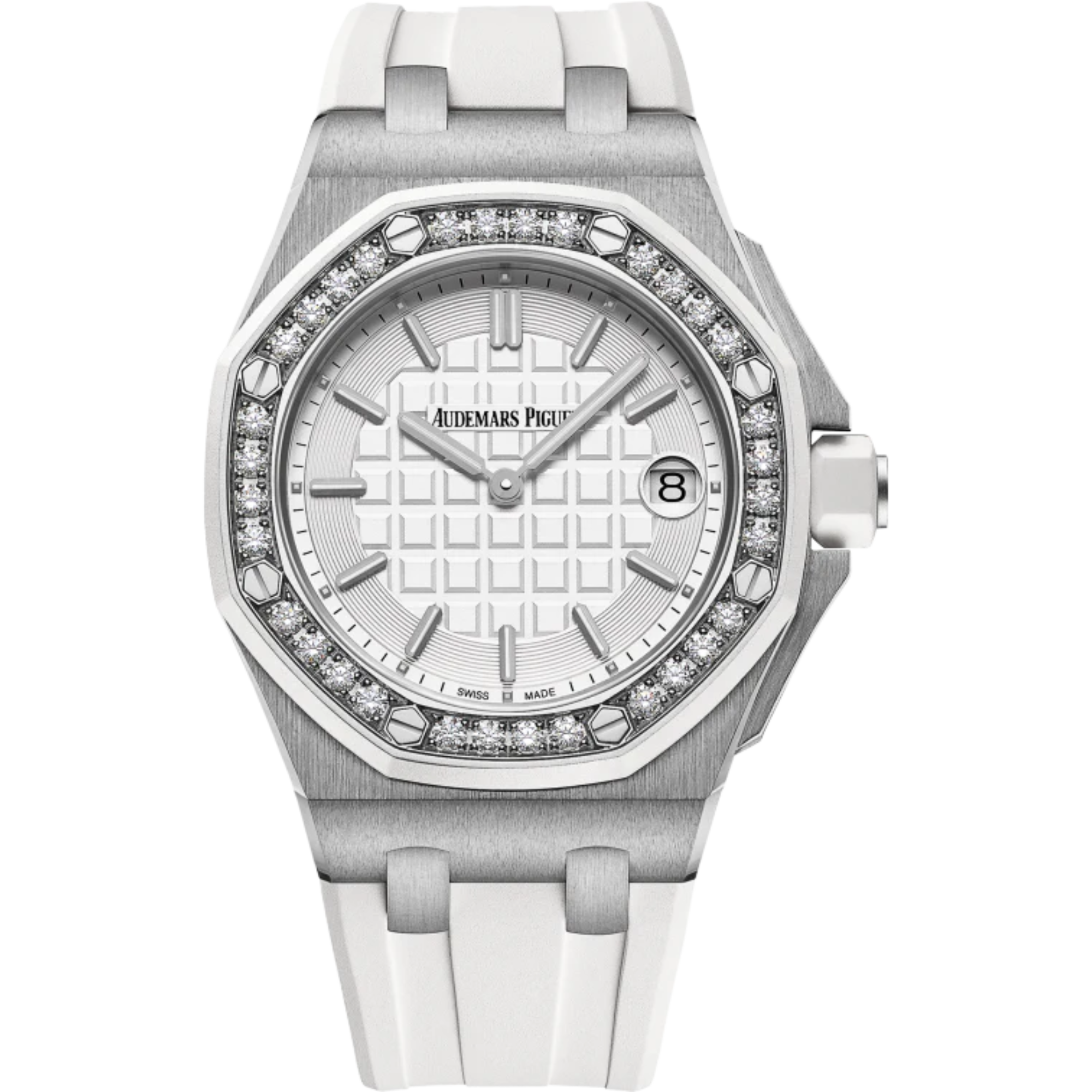 Royal Oak Offshore Quartz 37MM White Rubber Strap Light Silver-Toned Dial With Méga Tapisserie Pattern Stainless Steel Case White Rubber-Clad Diamond-Set Bezel and Crown - Audemars Piguet