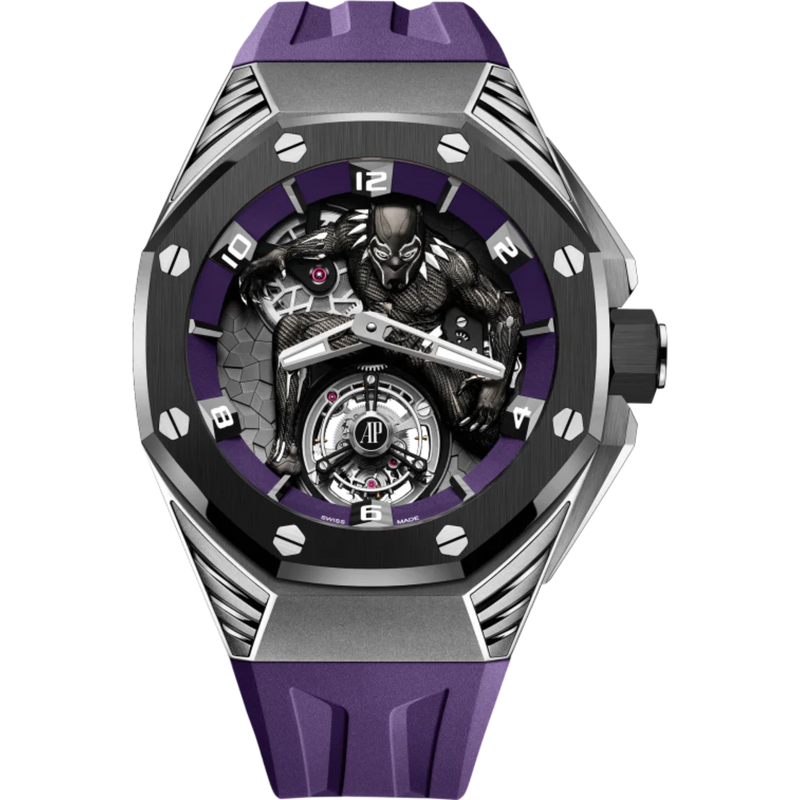 Royal Oak Concept 42MM Black Panther Flying Tourbillon Purple Rubber Strap White Gold 3D Black Panther Character Dial Sandblasted Titanium Case Black Ceramic Bezel - Audemars Piguet