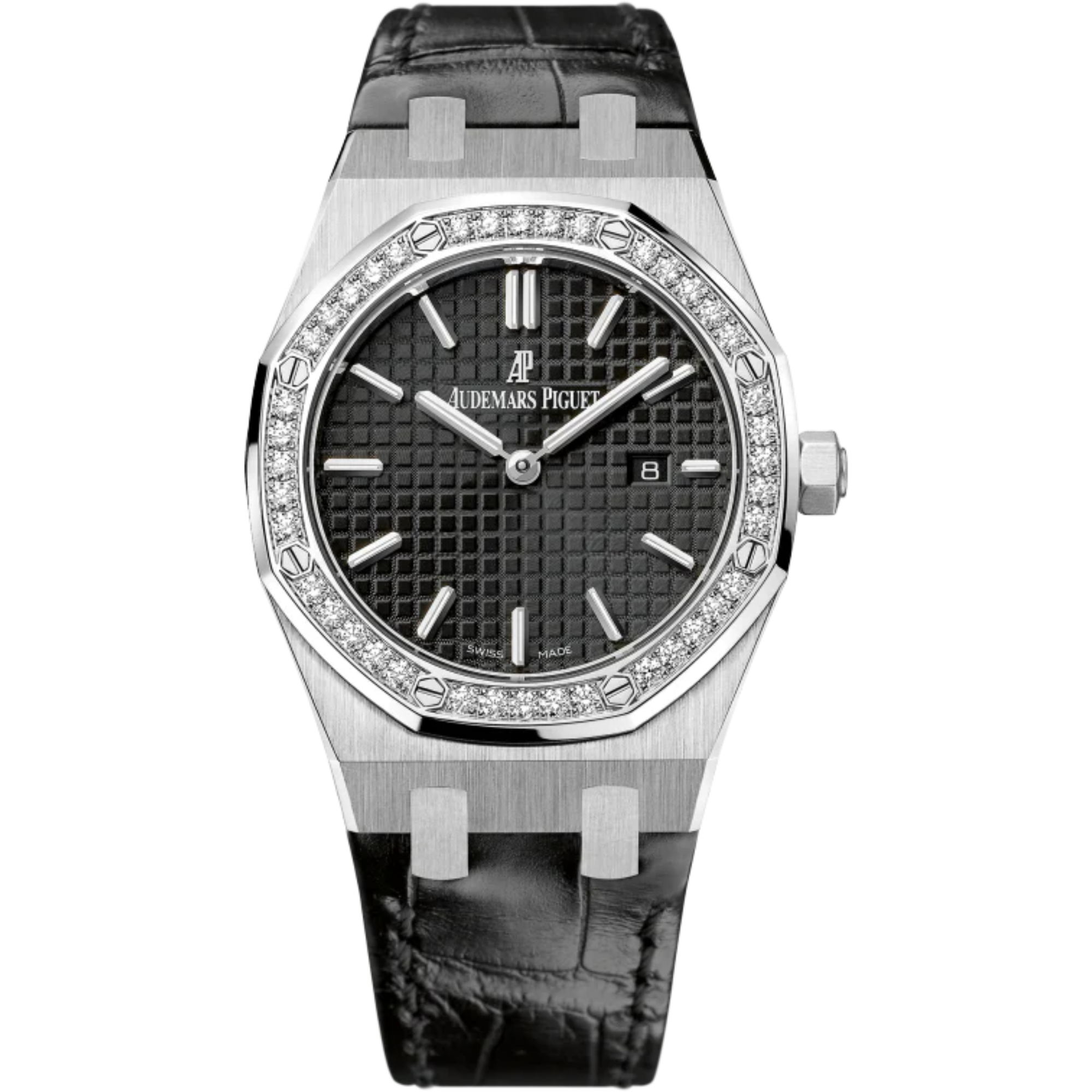 Royal Oak Quartz 33MM Black Alligator Strap Black Dial With Grande Tapisserie Pattern Stainless Steel Case Diamond-Set Bezel - Audemars Piguet