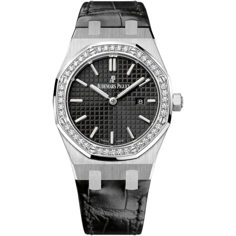 Royal Oak Quartz 33MM Black Alligator Strap Black Dial With Grande Tapisserie Pattern Stainless Steel Case Diamond-Set Bezel - Audemars Piguet