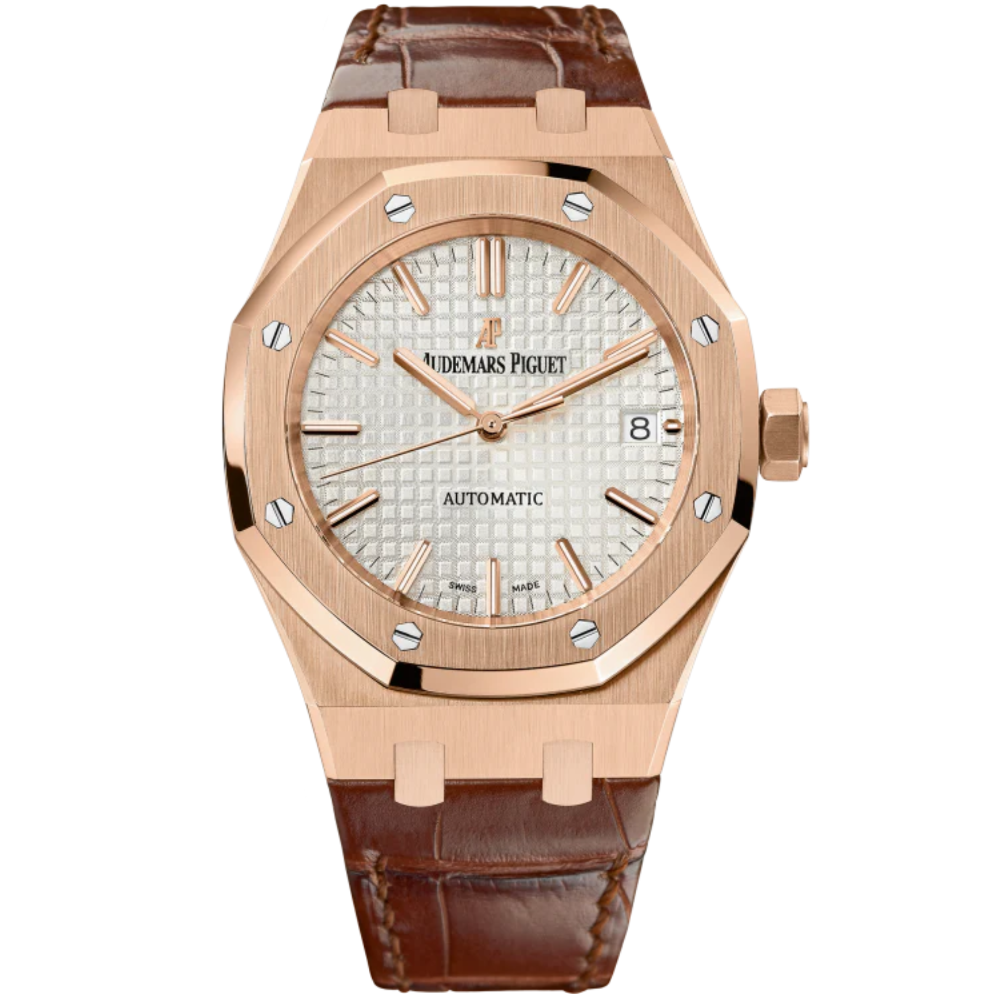 Royal Oak Selfwinding 37MM Brown Alligator Strap Silver-Toned Dial With Grande Tapisserie Pattern 18-Carat Pink Gold Case - Audemars Piguet