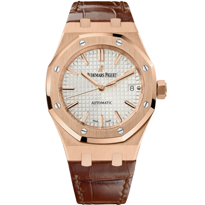Royal Oak Selfwinding 37MM Brown Alligator Strap Silver-Toned Dial With Grande Tapisserie Pattern 18-Carat Pink Gold Case - Audemars Piguet