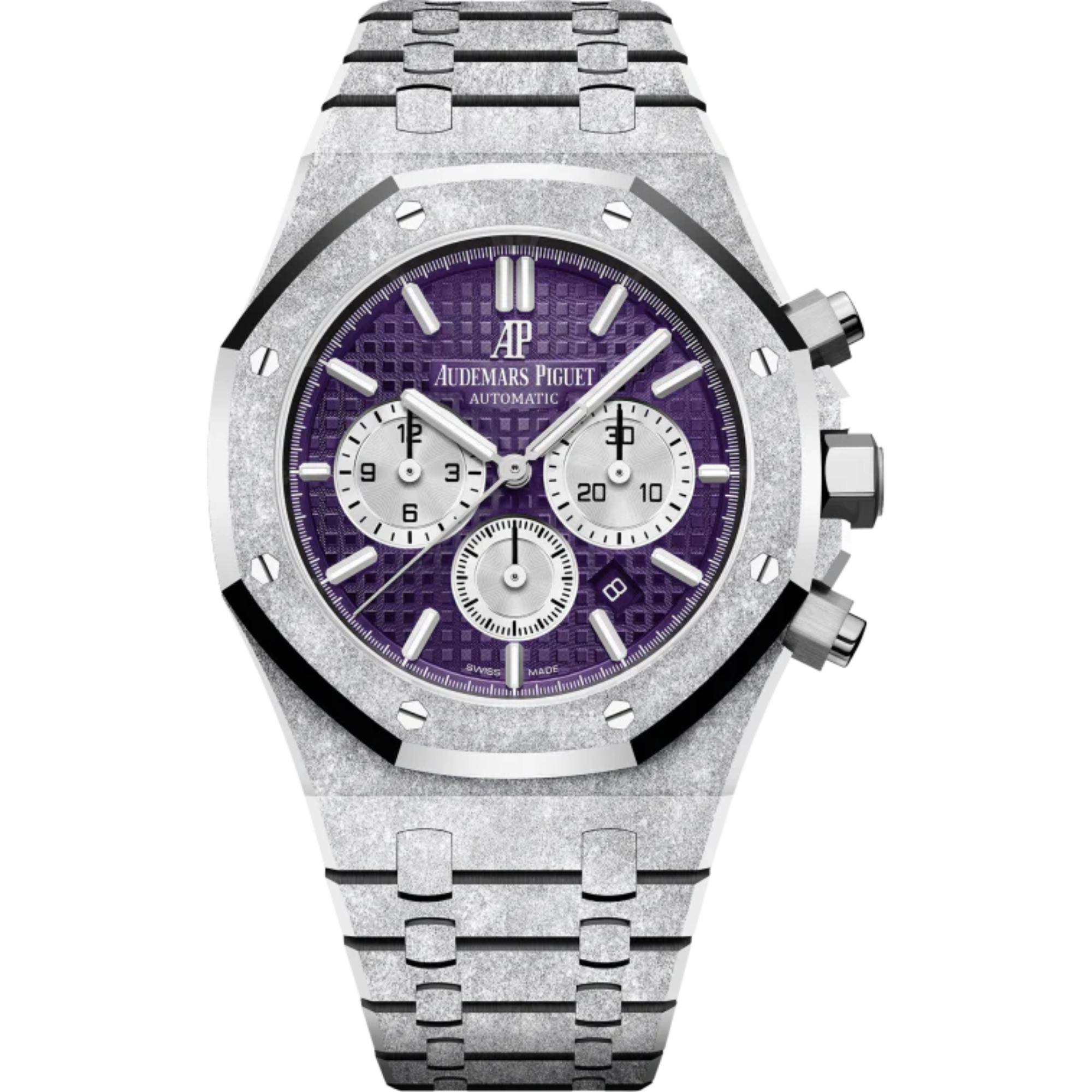 Royal Oak Frosted Gold Selfwinding Chronograph 41MM Hammered 18-Carat White Gold Bracelet Plum Purple Dial With Grande Tapisserie Pattern Hammered 18-Carat White Gold Case - Audemars Piguet