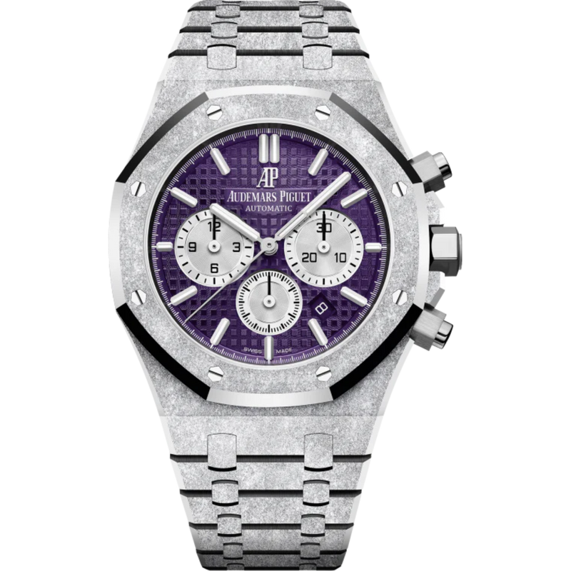 Royal Oak Frosted Gold Selfwinding Chronograph 41MM Hammered 18-Carat White Gold Bracelet Plum Purple Dial With Grande Tapisserie Pattern Hammered 18-Carat White Gold Case - Audemars Piguet
