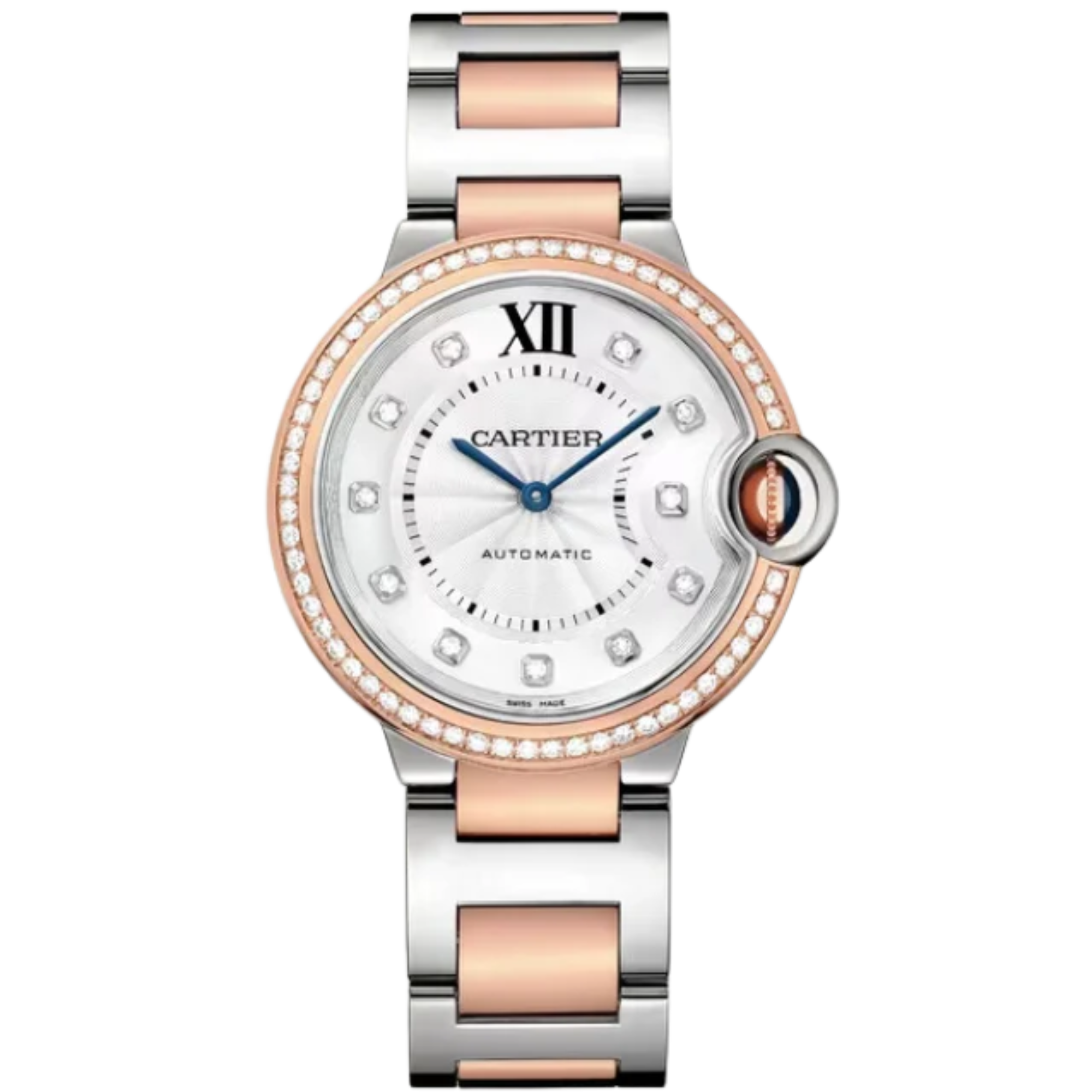 BALLON BLEU DE CARTIER 36 MM STAINLES STEEL, ROSE GOLD BEZEL WITH SILVER GUILLOCHE DIAL - Cartier