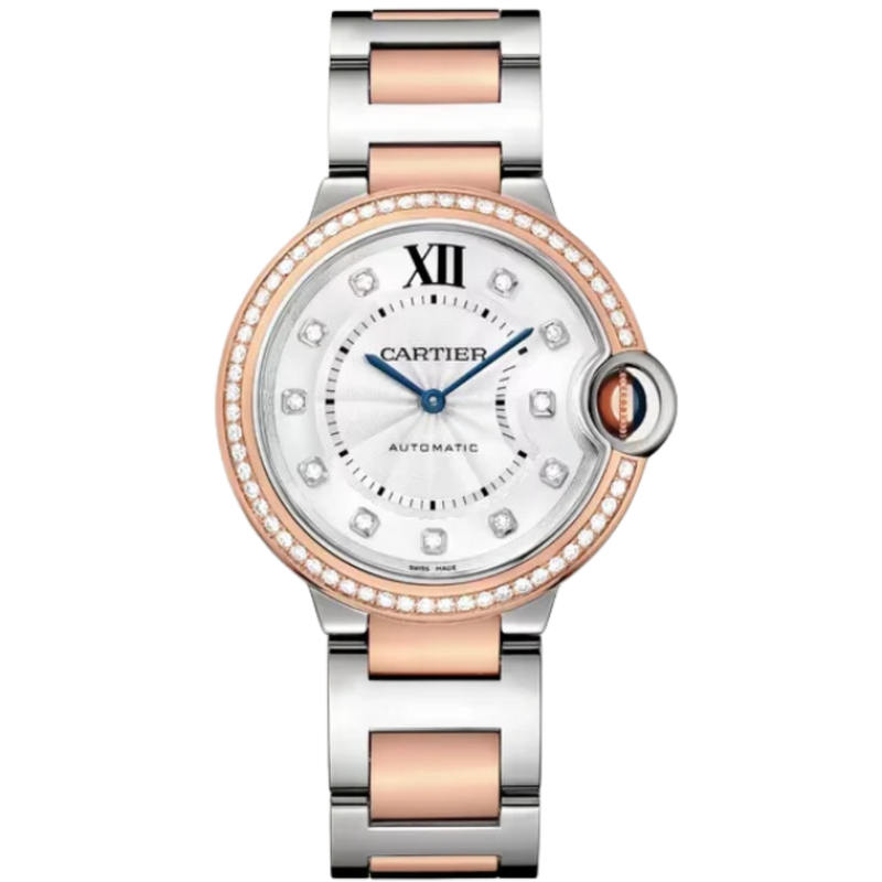 BALLON BLEU DE CARTIER 36 MM STAINLES STEEL, ROSE GOLD BEZEL WITH SILVER GUILLOCHE DIAL - Cartier