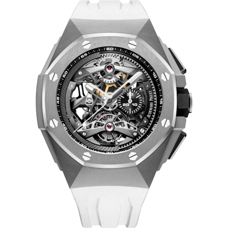 Royal Oak Concept 44MM Tourbillon Chronograph Openworked Selfwinding White Rubber Strap Openwork Dial Sandblasted Titanium Case - Audemars Piguet