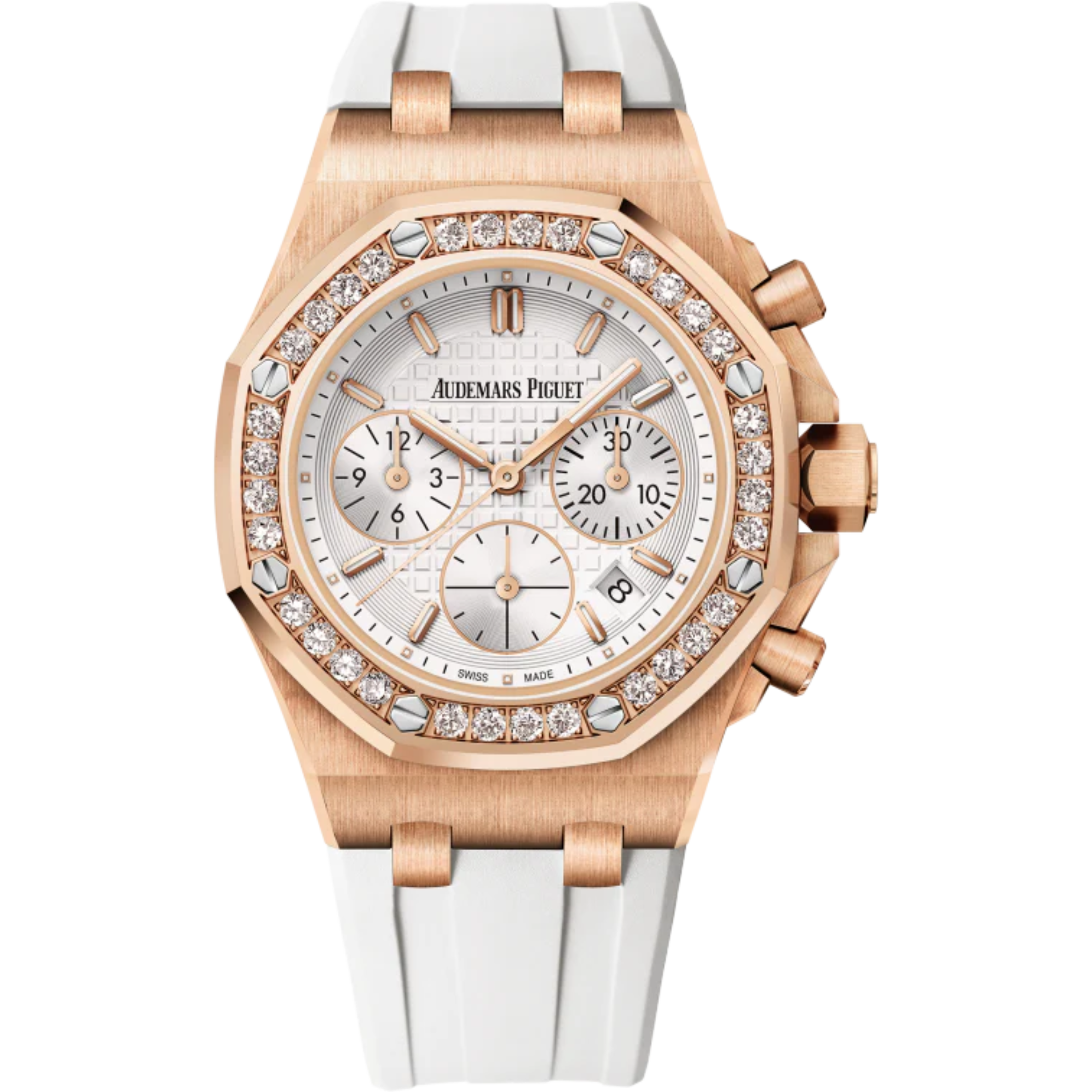 Royal Oak Offshore Chronograph 37MM White Rubber Strap Silver-Toned Dial With New Lady Tapisserie Pattern 18-Carat Pink Gold Case Diamond-Set Bezel - Audemars Piguet