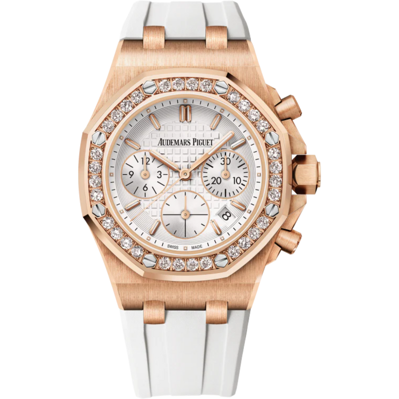 Royal Oak Offshore Chronograph 37MM White Rubber Strap Silver-Toned Dial With New Lady Tapisserie Pattern 18-Carat Pink Gold Case Diamond-Set Bezel - Audemars Piguet