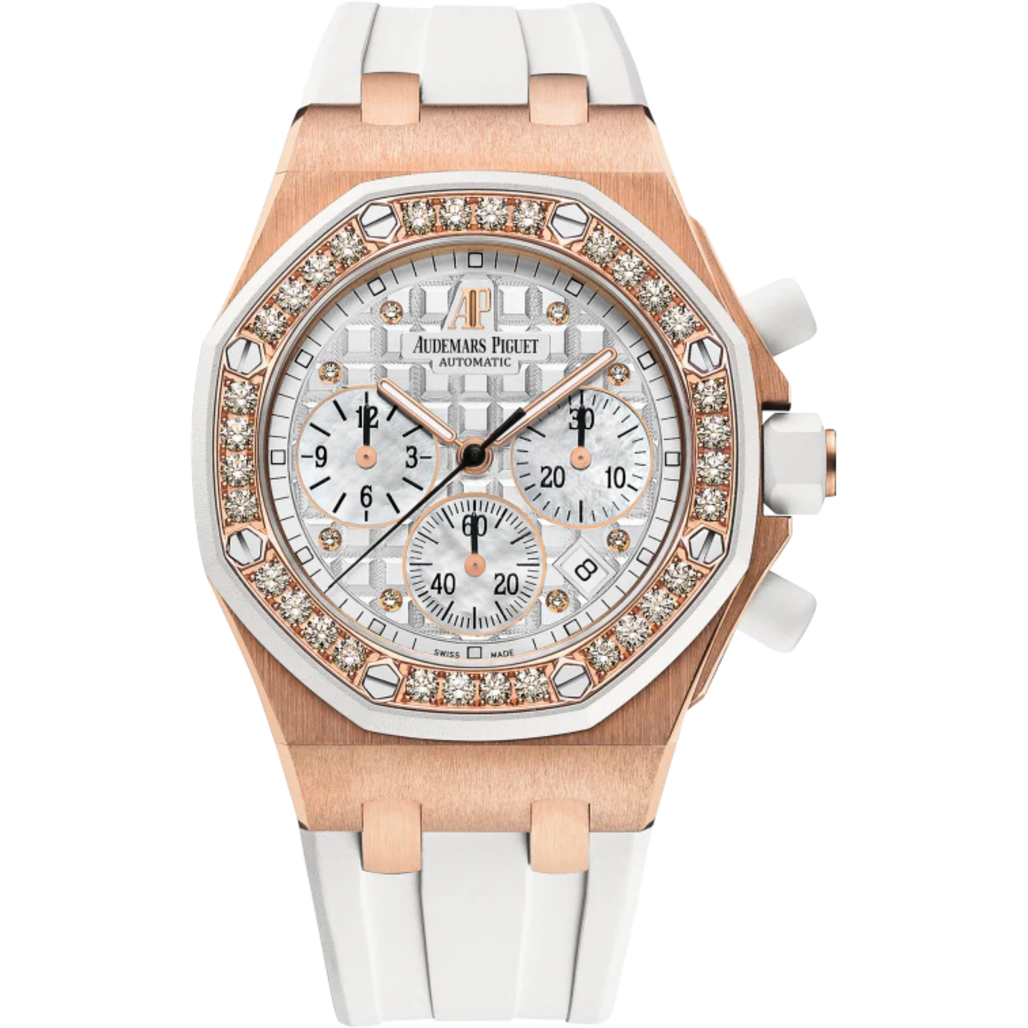 Royal Oak Offshore Chronograph 37MM White Rubber Strap Silvered Dial With Méga Tapisserie Pattern 18-Carat Pink Gold Case Diamond-Set Bezel - Audemars Piguet