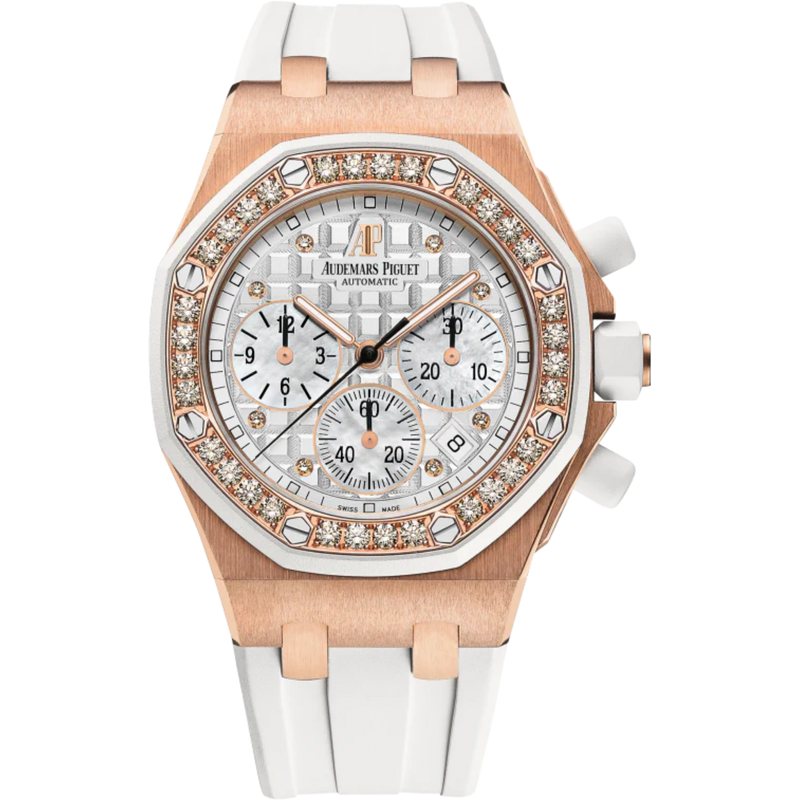 Royal Oak Offshore Chronograph 37MM White Rubber Strap Silvered Dial With Méga Tapisserie Pattern 18-Carat Pink Gold Case Diamond-Set Bezel - Audemars Piguet