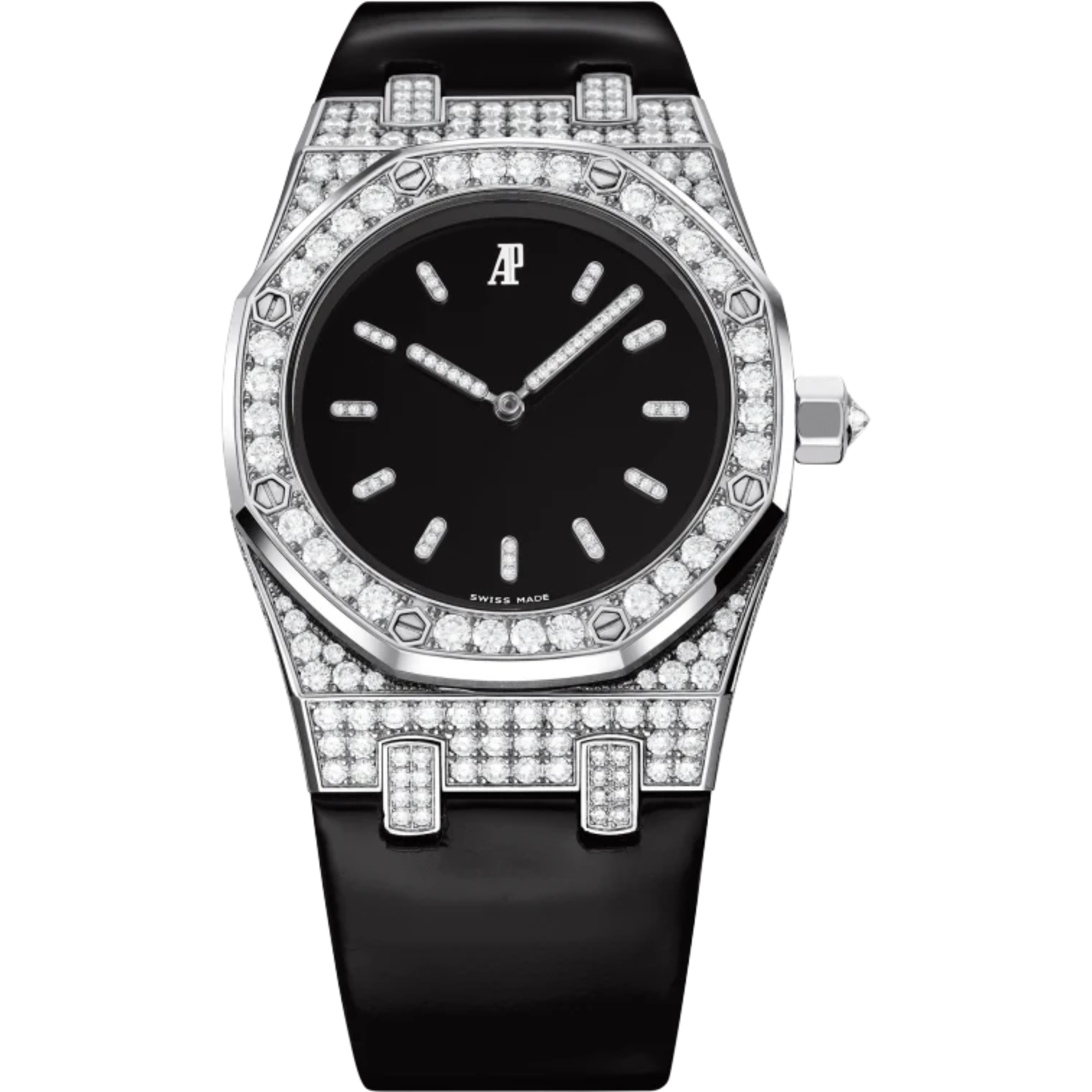 Royal Oak Tuxedo 33MM Black Leather Strap Polished Lacquered Black Dial 18-Carat White Gold Case Bezel Set With Brilliant-Cut Diamonds - Audemars Piguet