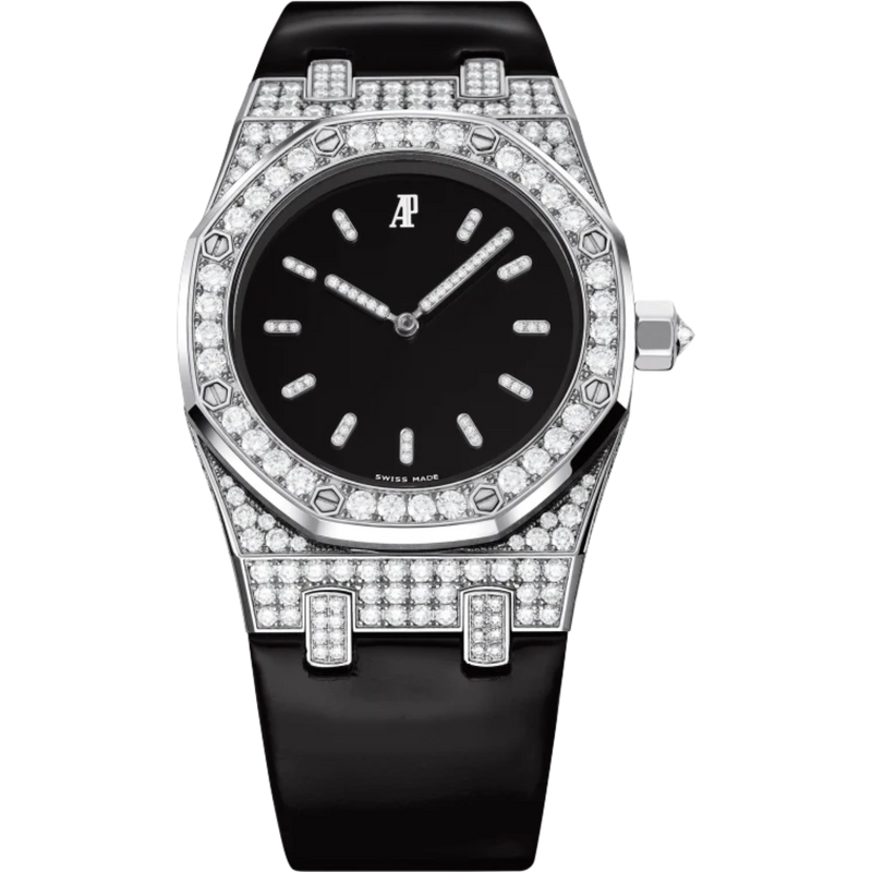 Royal Oak Tuxedo 33MM Black Leather Strap Polished Lacquered Black Dial 18-Carat White Gold Case Bezel Set With Brilliant-Cut Diamonds - Audemars Piguet