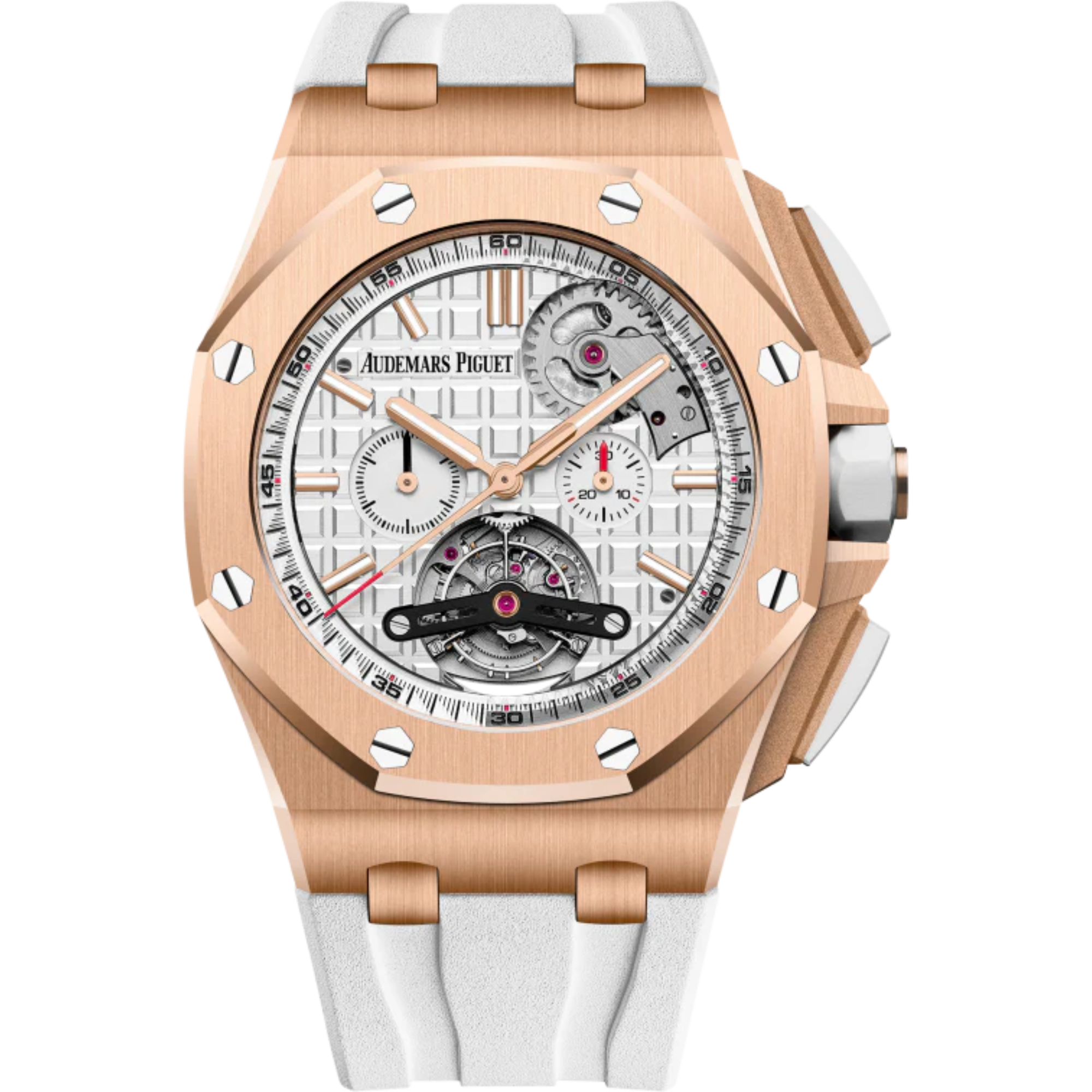 Royal Oak Offshore Tourbillon Chronograph Selfwinding 44MM White Rubber Strap Silver-Toned Dial With Méga Tapisserie Pattern 18-Carat Pink Gold Case - Audemars Piguet