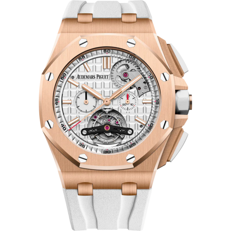 Royal Oak Offshore Tourbillon Chronograph Selfwinding 44MM White Rubber Strap Silver-Toned Dial With Méga Tapisserie Pattern 18-Carat Pink Gold Case - Audemars Piguet